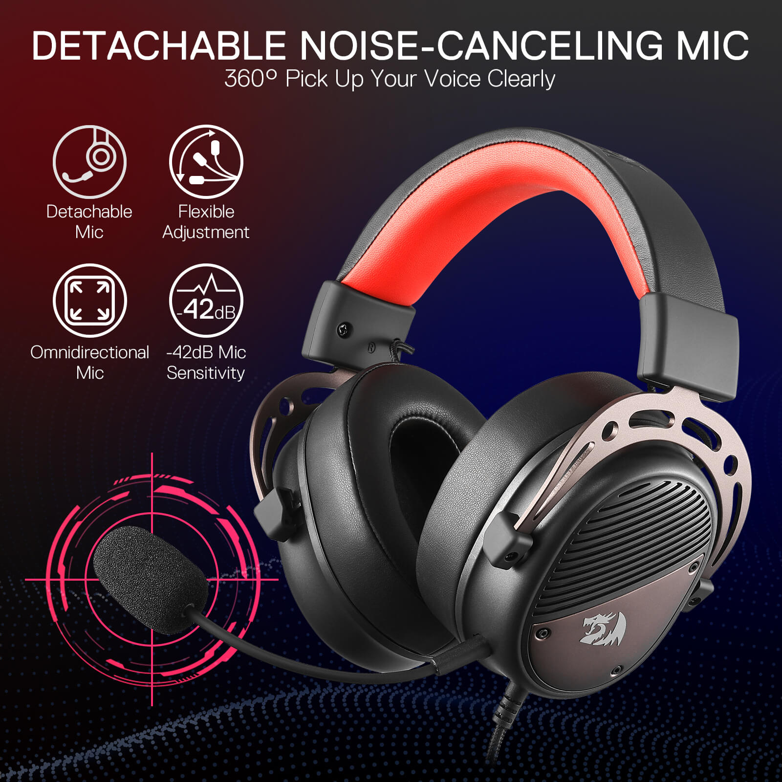 Redragon H730 USB Wired Gaming Headset - 53mm Drivers, 360° Spatial Sound, Detachable Noise-Canceling Microphone, Magnetic Replaceable Ear Cushions, Over-Ear Headphones Works for PC/PS4/PS5