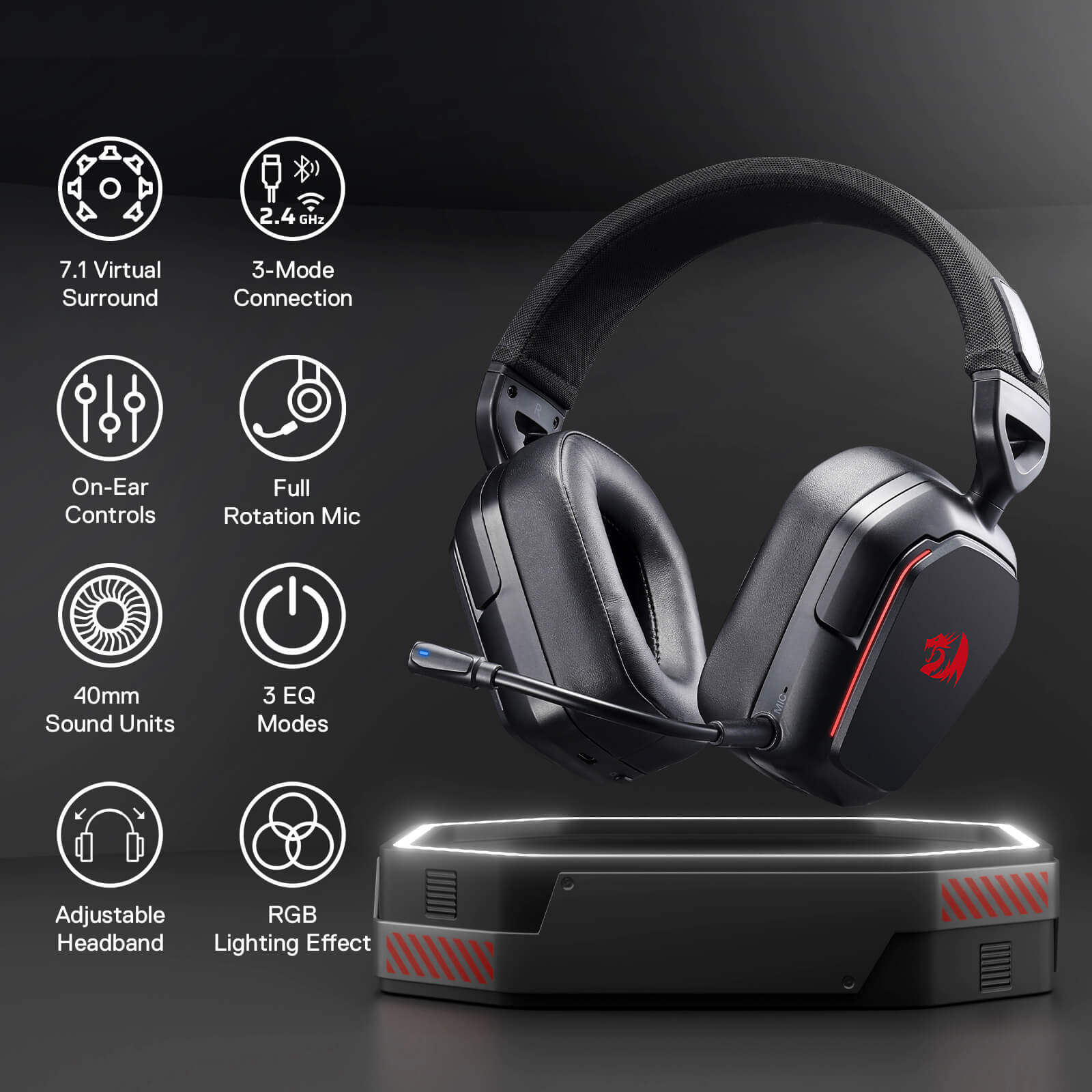 Redragon H868 3-Mode Wireless 7.1 Surround Sound RGB Gaming Headset