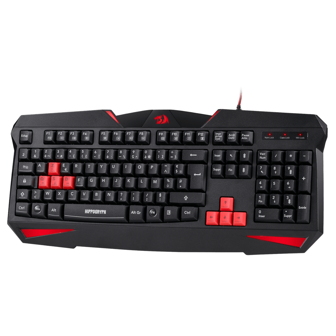 Black gaming keyboard with red accents on a white background, featuring a French flag icon.