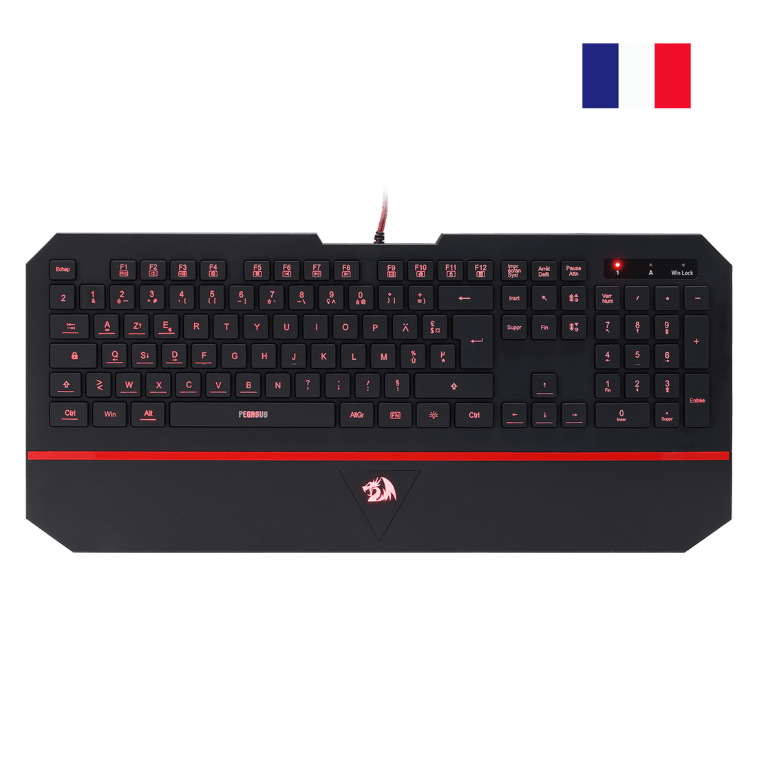 Gaming keyboard with red accents on a black background, featuring a logo.