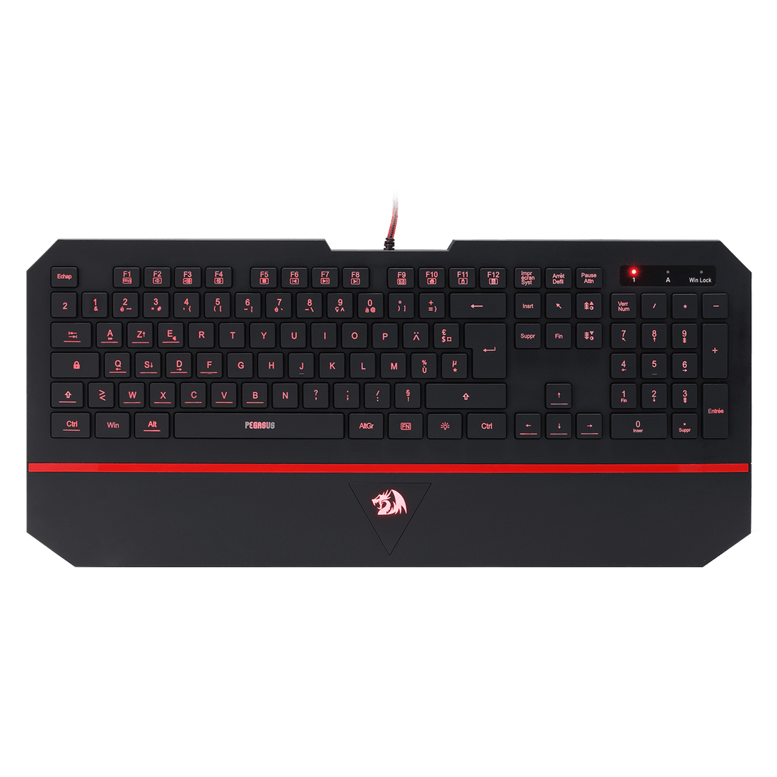 Gaming keyboard with red accents on a black background, featuring a logo.