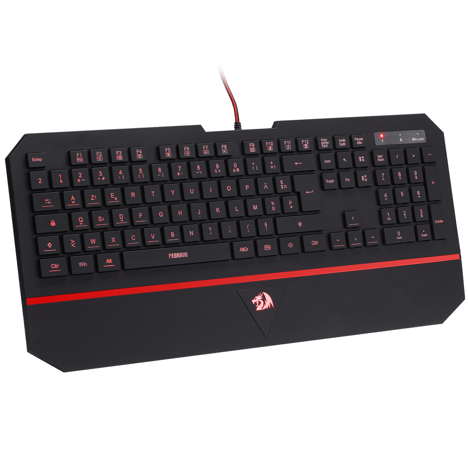 Black gaming keyboard with red accents on a white background