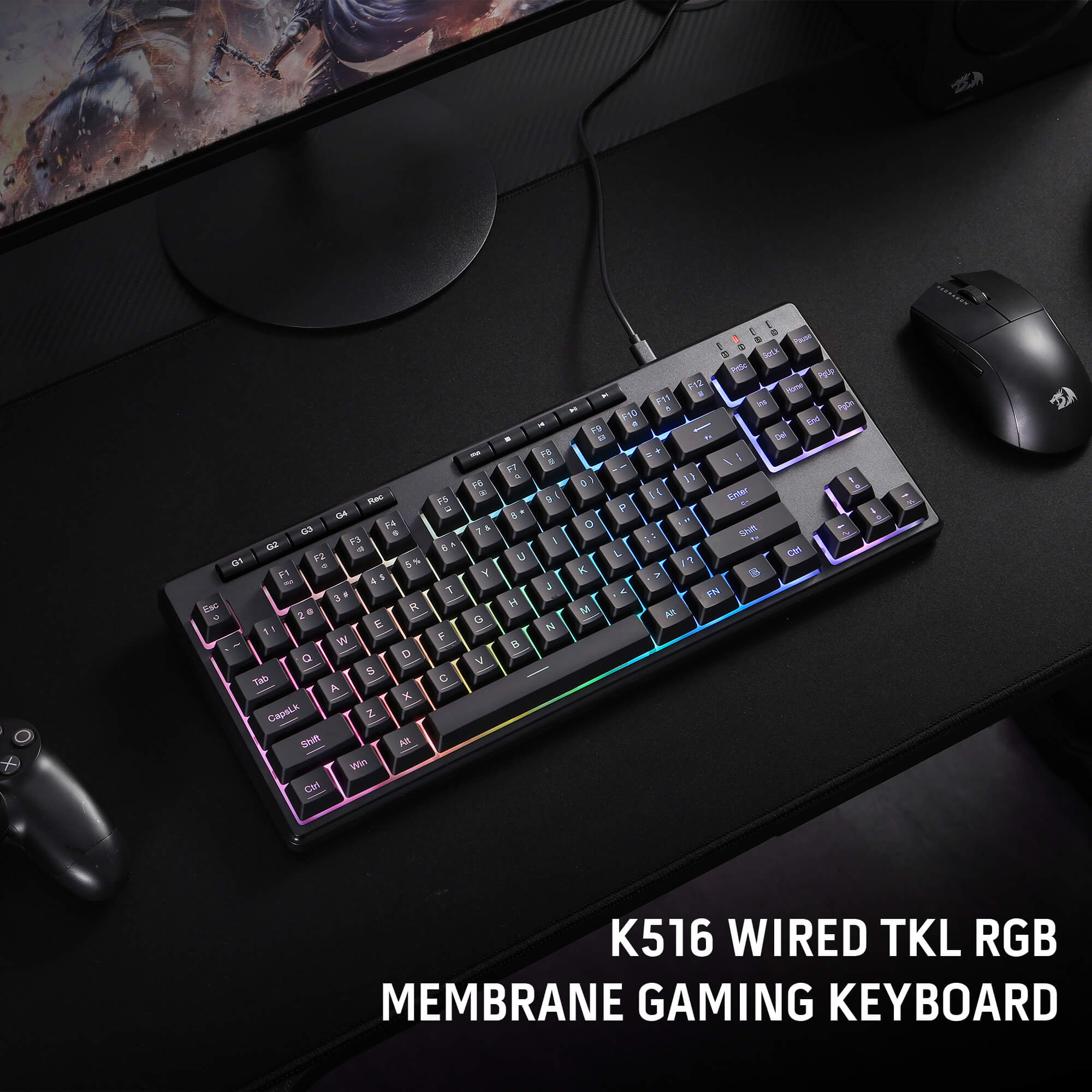 Redragon K516 Shiva TKL Wired RGB Membrane Gaming Keyboard, 87 Keys Mechanical-Feel Keyboard w/Smooth Linear Switch, On-Board Macro & Dedicated Multimedia Keys, 16.8M RGB Backlit, Software Supported