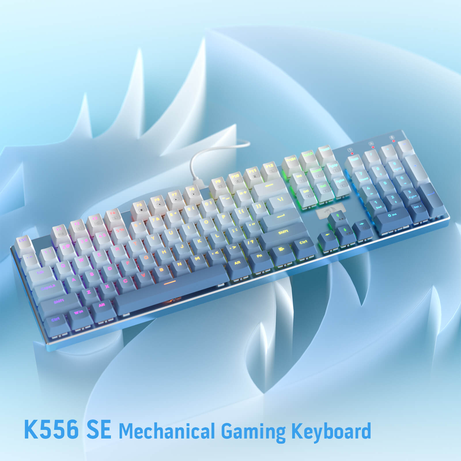 Papan Kekunci Permainan Mekanikal Berwayar Lampu Latar LED RGB Redragon K556 SE, Tapak Aluminium, Soket 104 Kekunci yang Dinaik Taraf, Buih Penyerap Bunyi 3.5mm, Suis Merah Senyap Linear Boleh Tukar Panas, Biru Gradien
