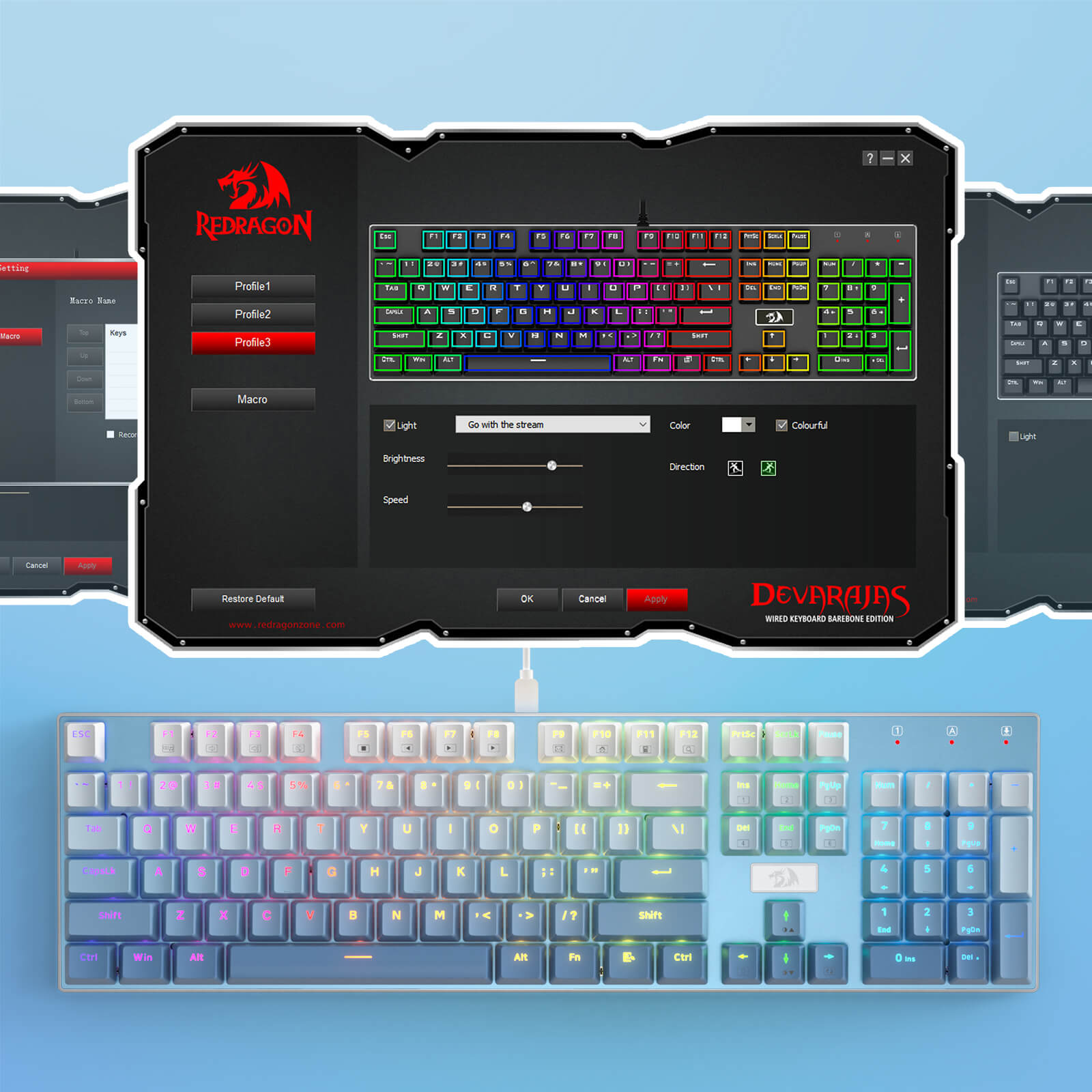 Papan Kekunci Permainan Mekanikal Berwayar Lampu Latar LED RGB Redragon K556 SE, Tapak Aluminium, Soket 104 Kekunci yang Dinaik Taraf, Buih Penyerap Bunyi 3.5mm, Suis Merah Senyap Linear Boleh Tukar Panas, Biru Gradien