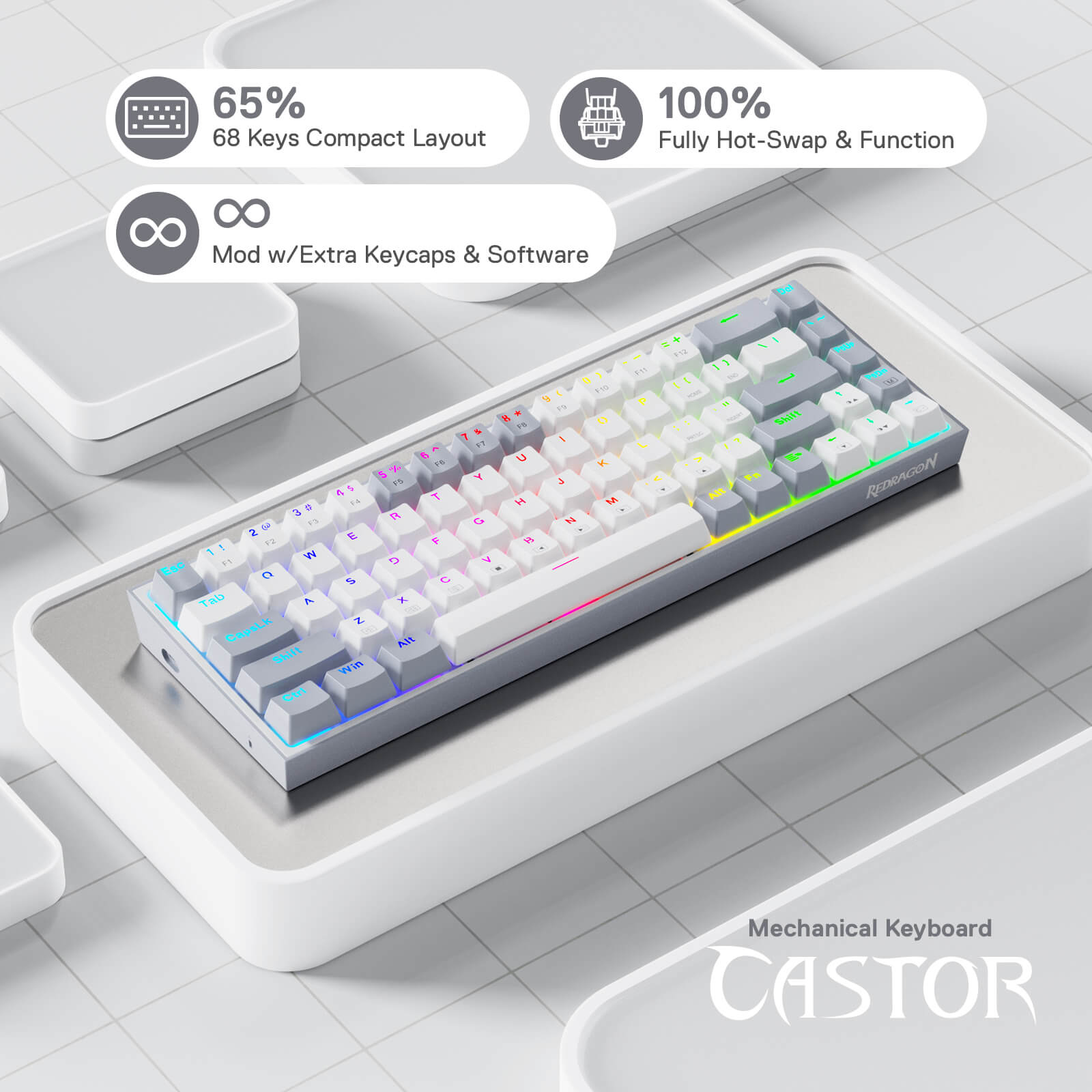 Papan Kekunci Permainan RGB Berwayar Redragon K631 Gery 65%, Papan Kekunci Mekanikal Padat Boleh Tukar Panas 68 Kekunci dengan Soket Tukar Panas 100%, PCB Lekap Plat Mod Bebas & Kekunci Anak Panah Khusus, Suis Linear Merah Senyap