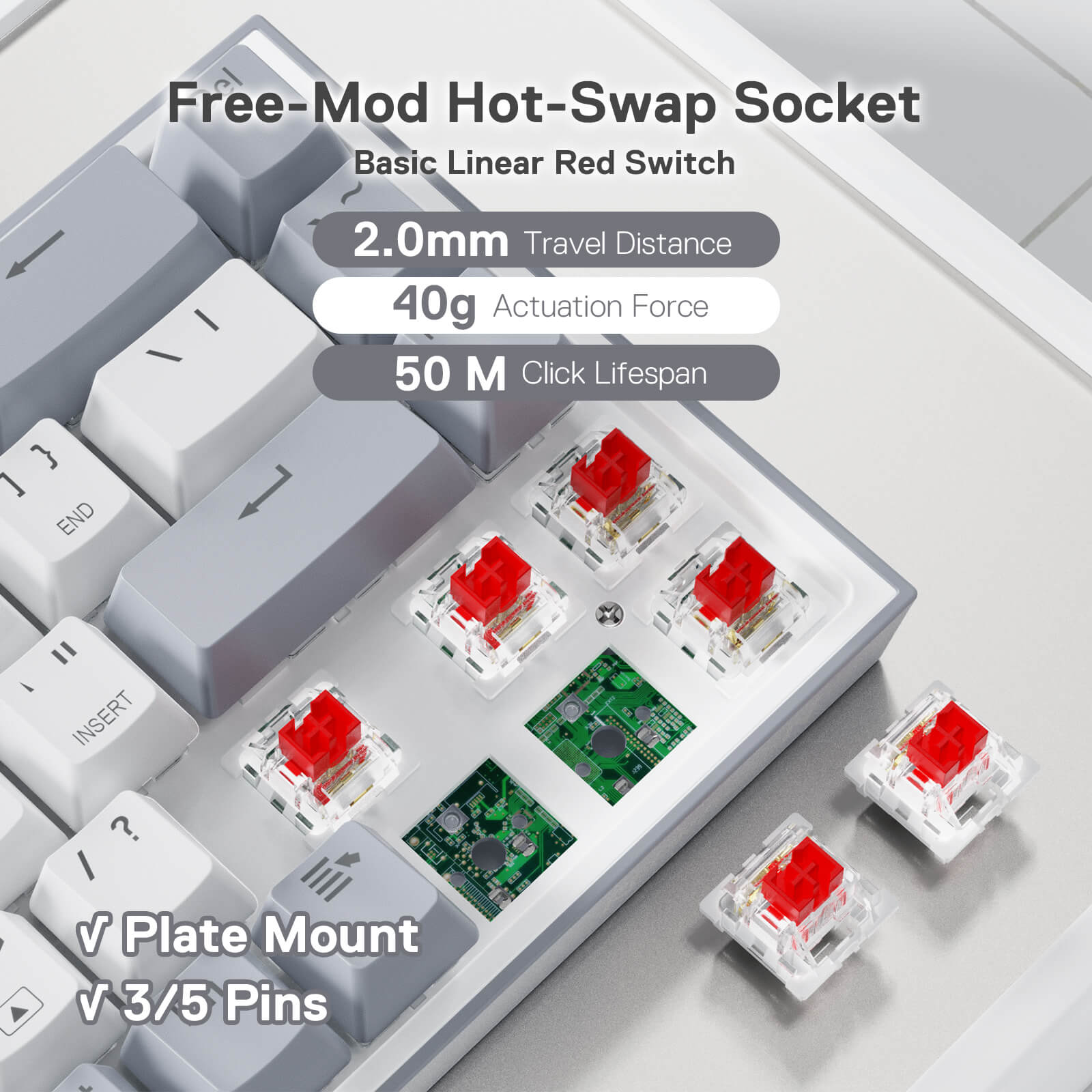Papan Kekunci Permainan RGB Berwayar Redragon K631 Gery 65%, Papan Kekunci Mekanikal Padat Boleh Tukar Panas 68 Kekunci dengan Soket Tukar Panas 100%, PCB Lekap Plat Mod Bebas & Kekunci Anak Panah Khusus, Suis Linear Merah Senyap