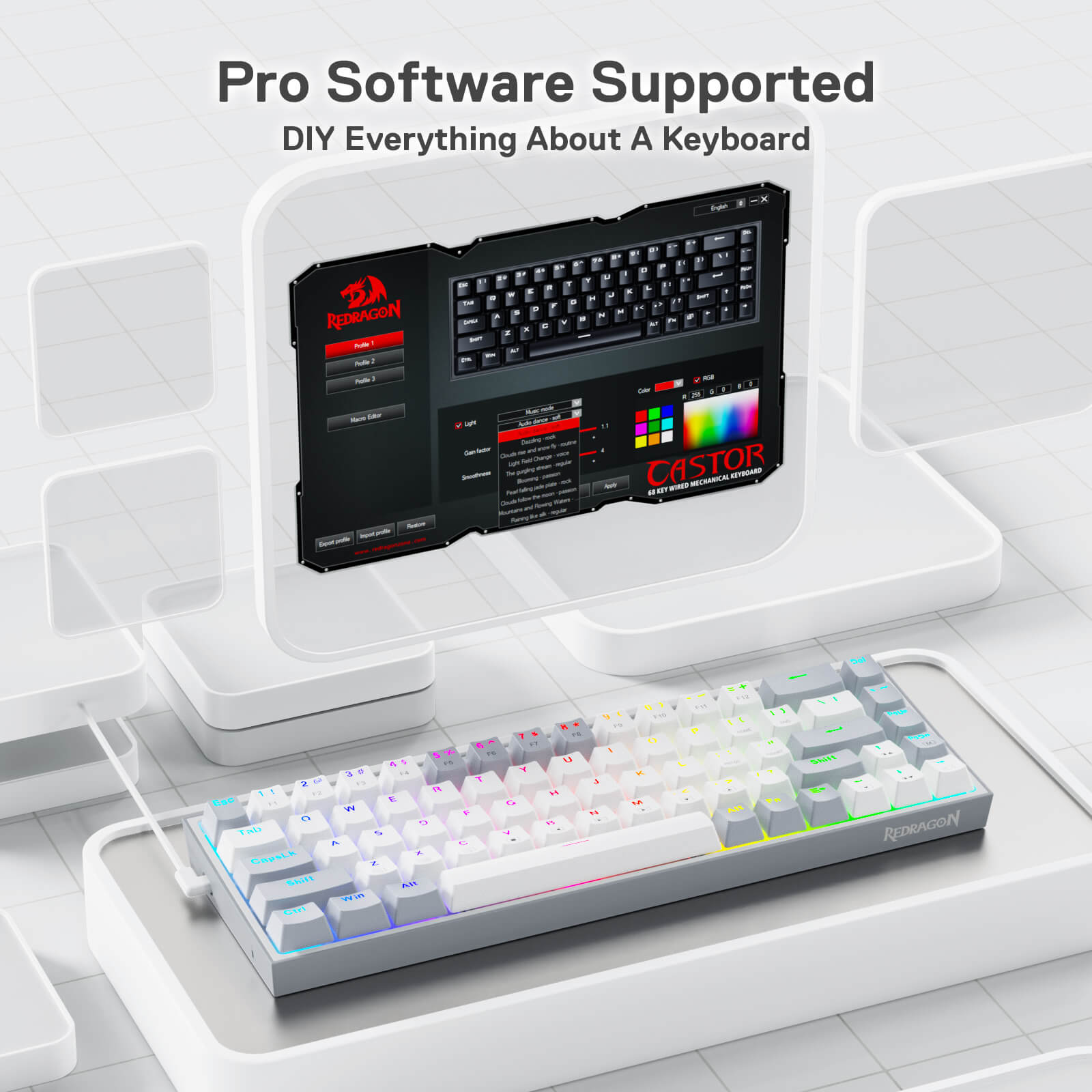 Papan Kekunci Permainan RGB Berwayar Redragon K631 Gery 65%, Papan Kekunci Mekanikal Padat Boleh Tukar Panas 68 Kekunci dengan Soket Tukar Panas 100%, PCB Lekap Plat Mod Bebas & Kekunci Anak Panah Khusus, Suis Linear Merah Senyap