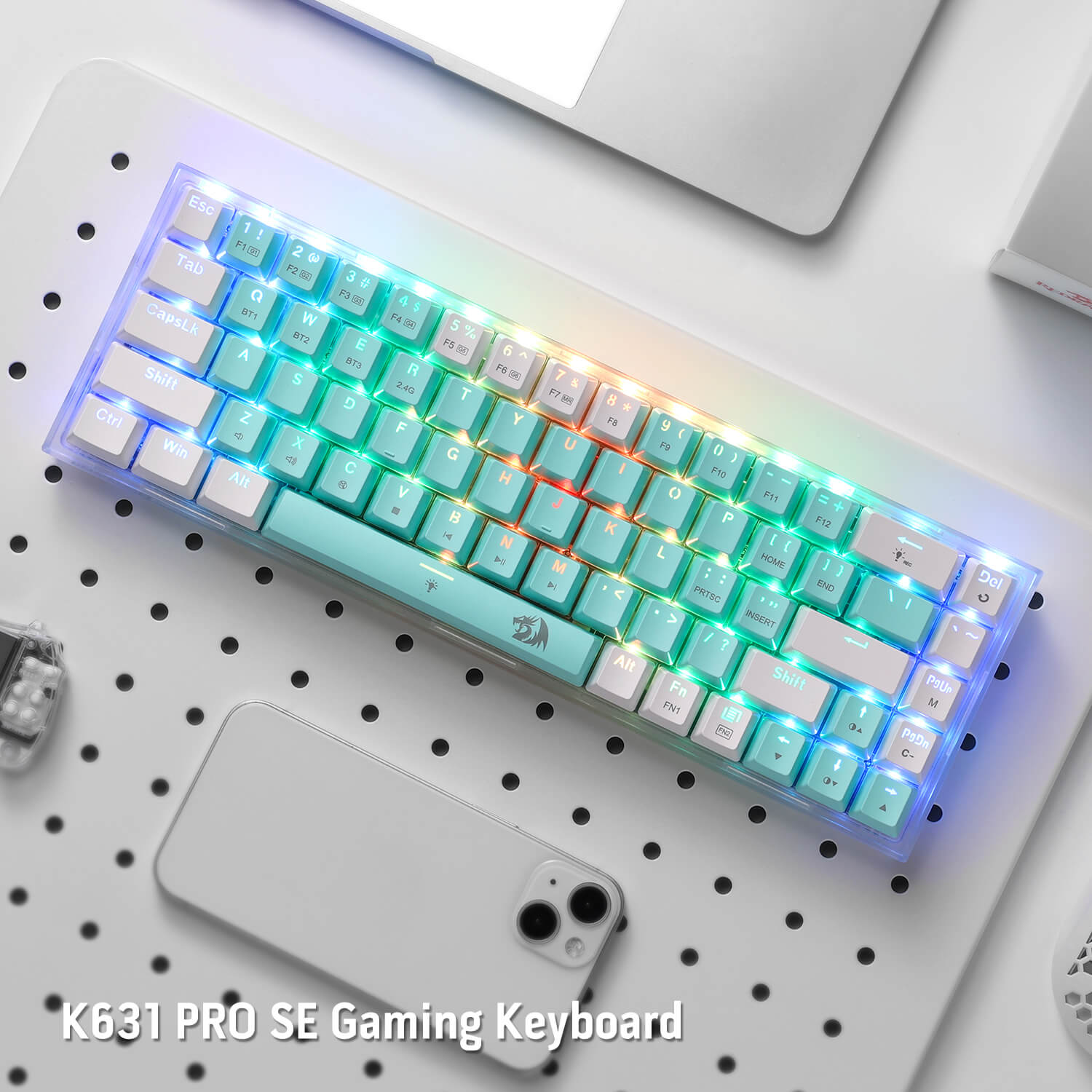 Papan Kekunci Permainan RGB Wayarles 3 Mod 65% Redragon K631 PRO WT, Papan Kekunci Mekanikal Padat Boleh Tukar Panas 68 Kekunci dengan Soket PCB Bebas Mod Boleh Tukar Panas & Papan Lut Sinar, Suis Linear Senyap Tersuai