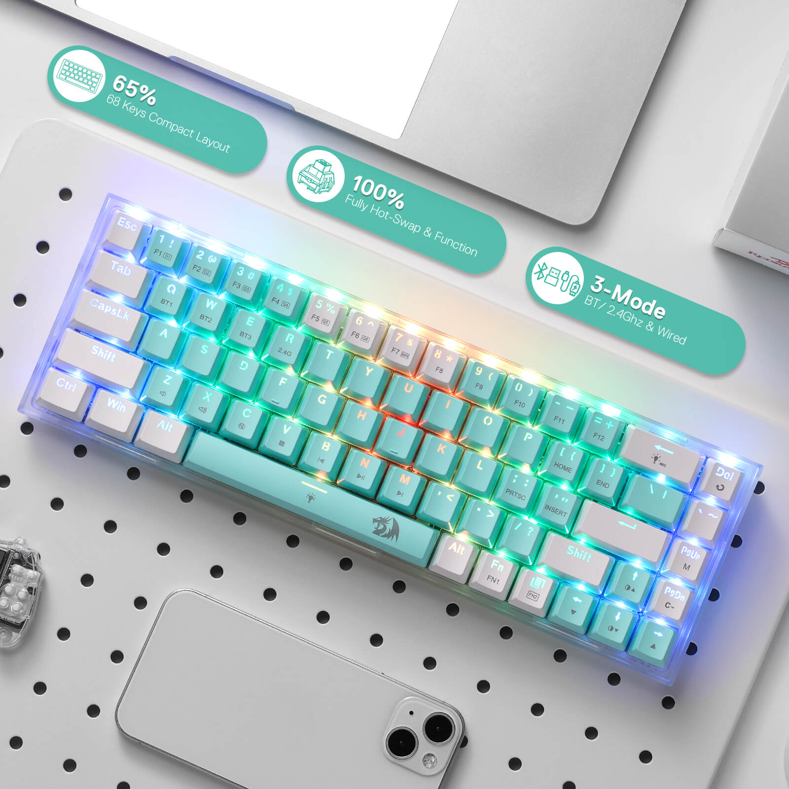 Papan Kekunci Permainan RGB Wayarles 3 Mod 65% Redragon K631 PRO WT, Papan Kekunci Mekanikal Padat Boleh Tukar Panas 68 Kekunci dengan Soket PCB Bebas Mod Boleh Tukar Panas & Papan Lut Sinar, Suis Linear Senyap Tersuai