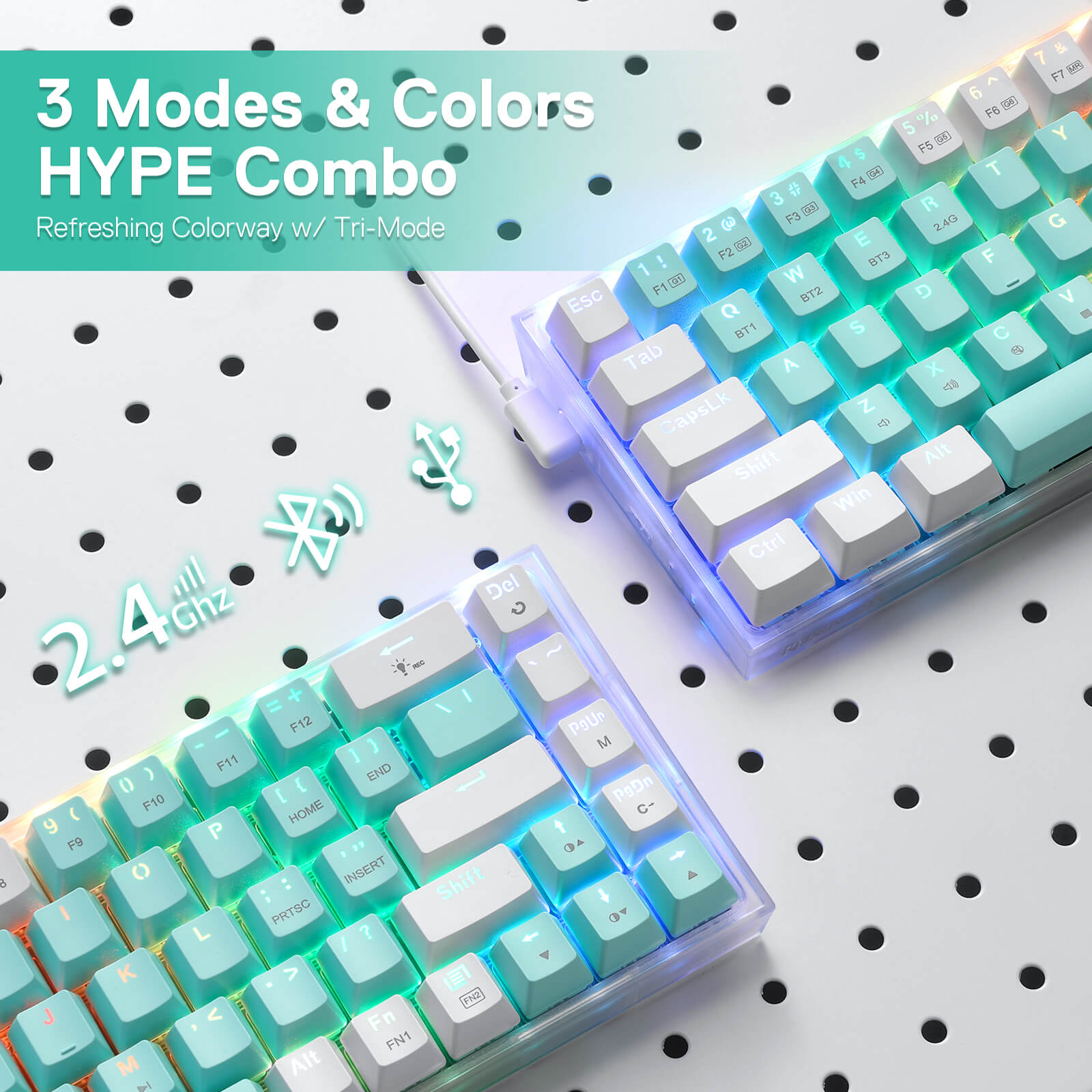 Papan Kekunci Permainan RGB Wayarles 3 Mod 65% Redragon K631 PRO WT, Papan Kekunci Mekanikal Padat Boleh Tukar Panas 68 Kekunci dengan Soket PCB Bebas Mod Boleh Tukar Panas & Papan Lut Sinar, Suis Linear Senyap Tersuai