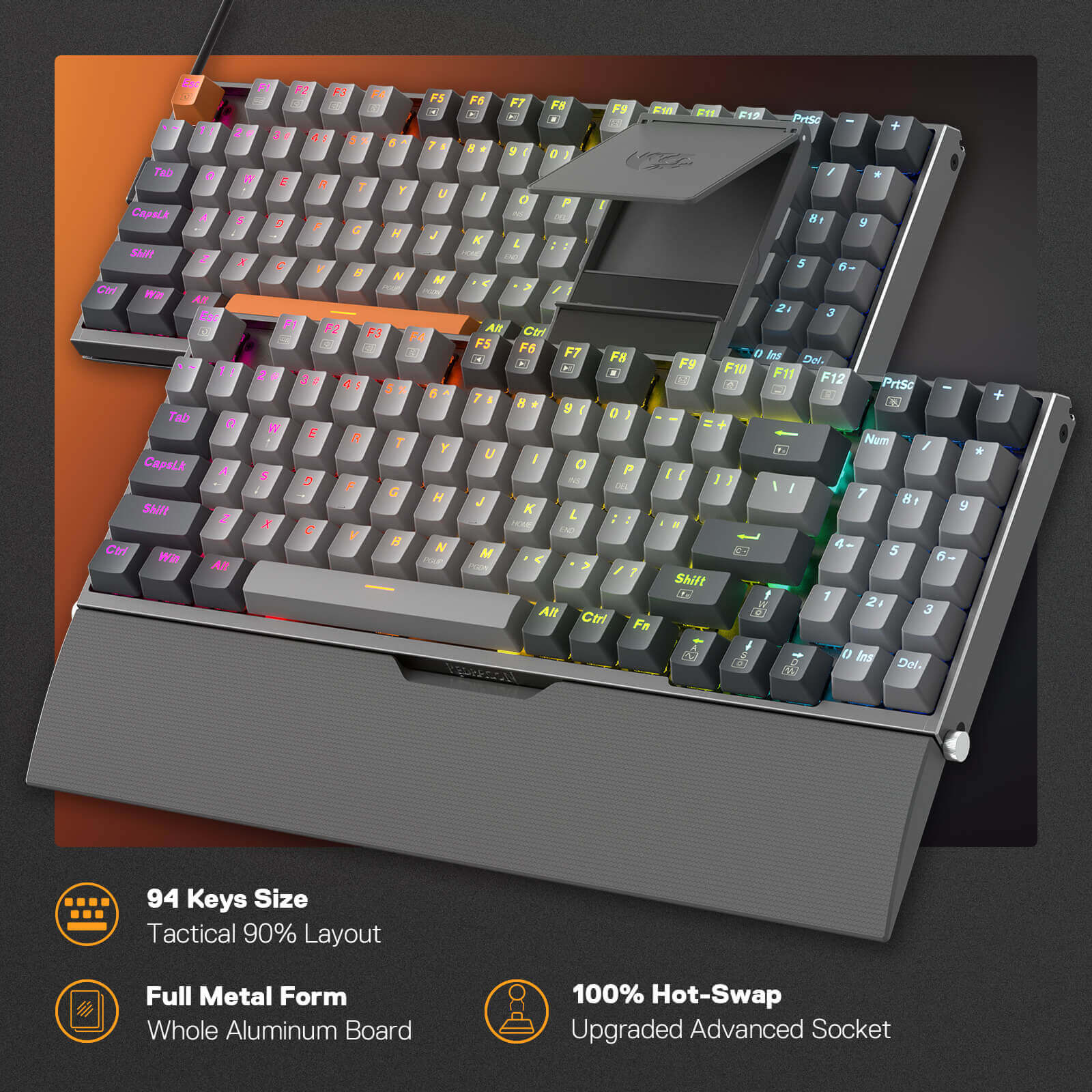 Papan Kekunci Permainan RGB Berwayar Redragon K648 90% Aluminium, Papan Kekunci Mekanikal Taktikal 94 Kekunci dengan Soket Boleh Tukar Panas, Papan Logam Teguh terbina dalam Buih Penyerap Bunyi & Sokongan Pergelangan Tangan, Suis Merah Senyap