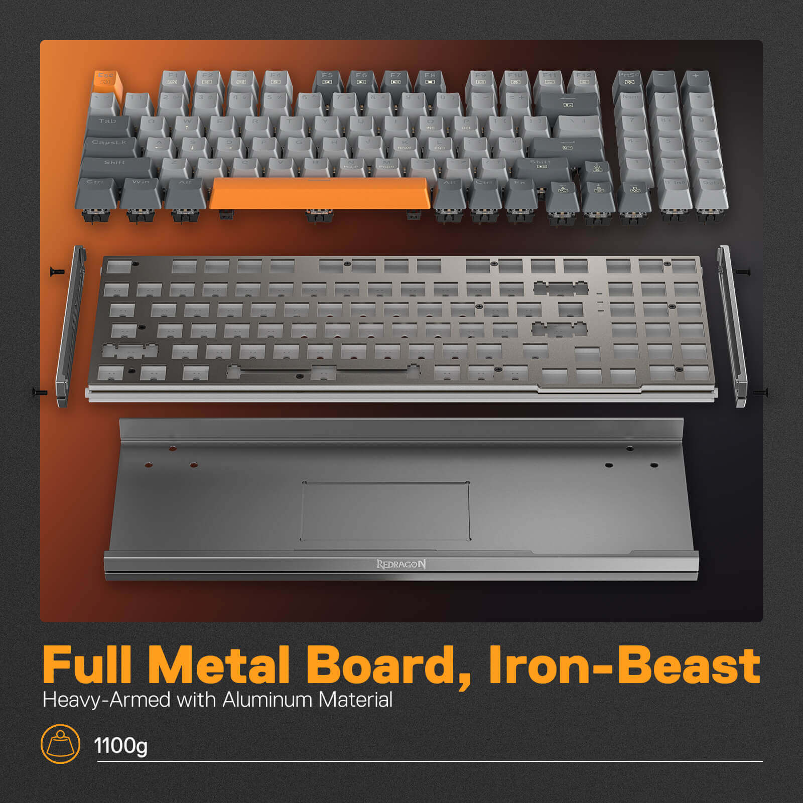 Papan Kekunci Permainan RGB Berwayar Redragon K648 90% Aluminium, Papan Kekunci Mekanikal Taktikal 94 Kekunci dengan Soket Boleh Tukar Panas, Papan Logam Teguh terbina dalam Buih Penyerap Bunyi & Sokongan Pergelangan Tangan, Suis Merah Senyap