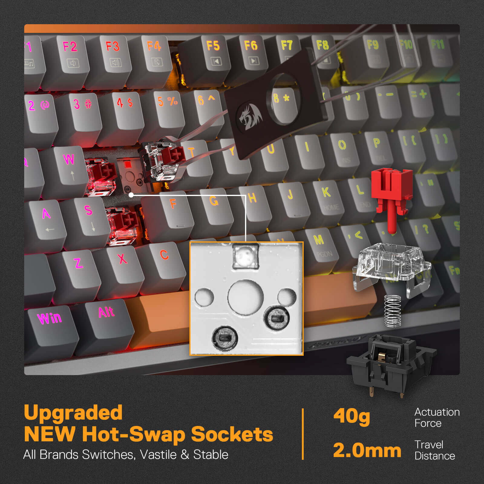 Papan Kekunci Permainan RGB Berwayar Redragon K648 90% Aluminium, Papan Kekunci Mekanikal Taktikal 94 Kekunci dengan Soket Boleh Tukar Panas, Papan Logam Teguh terbina dalam Buih Penyerap Bunyi & Sokongan Pergelangan Tangan, Suis Merah Senyap