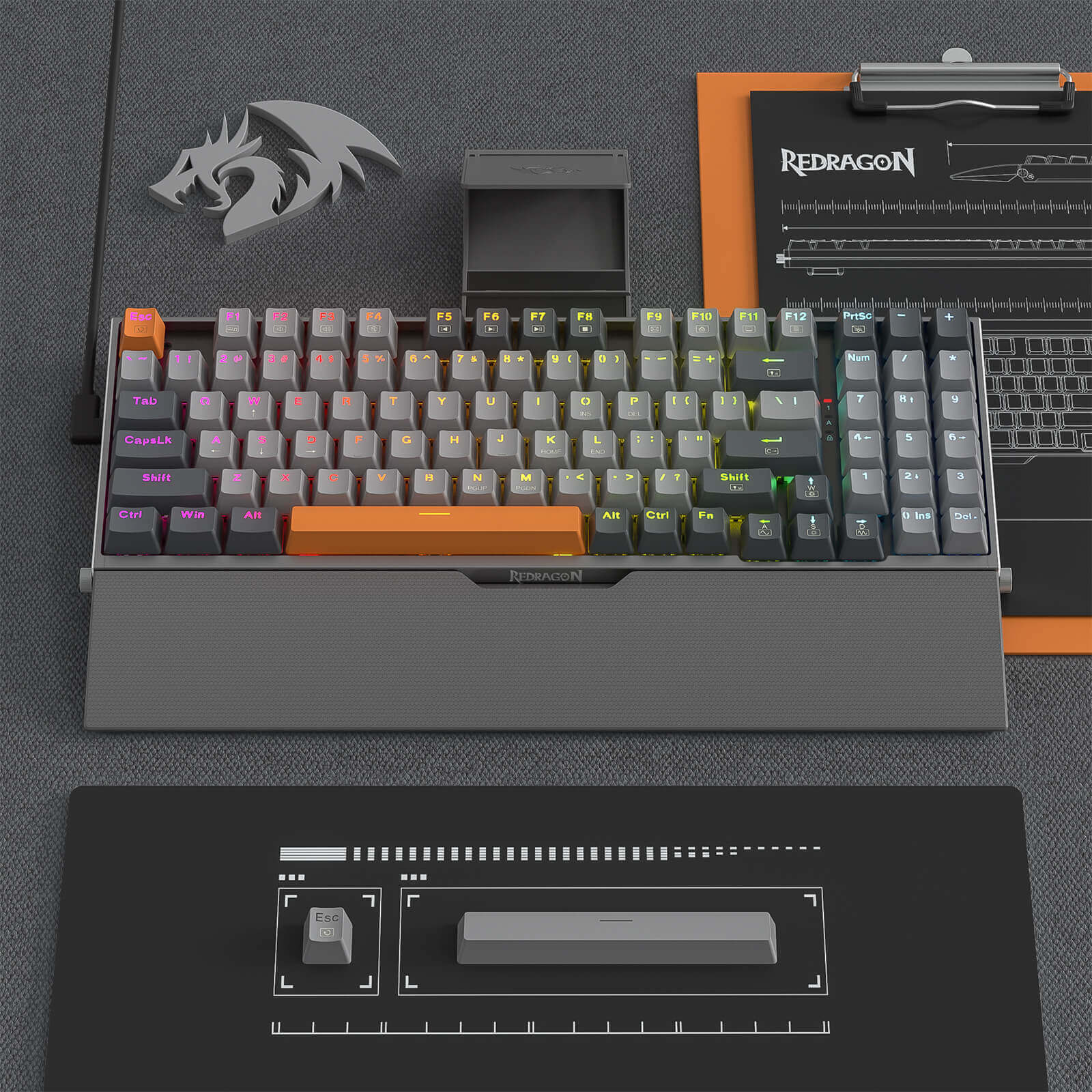 Papan Kekunci Permainan RGB Berwayar Redragon K648 90% Aluminium, Papan Kekunci Mekanikal Taktikal 94 Kekunci dengan Soket Boleh Tukar Panas, Papan Logam Teguh terbina dalam Buih Penyerap Bunyi & Sokongan Pergelangan Tangan, Suis Merah Senyap
