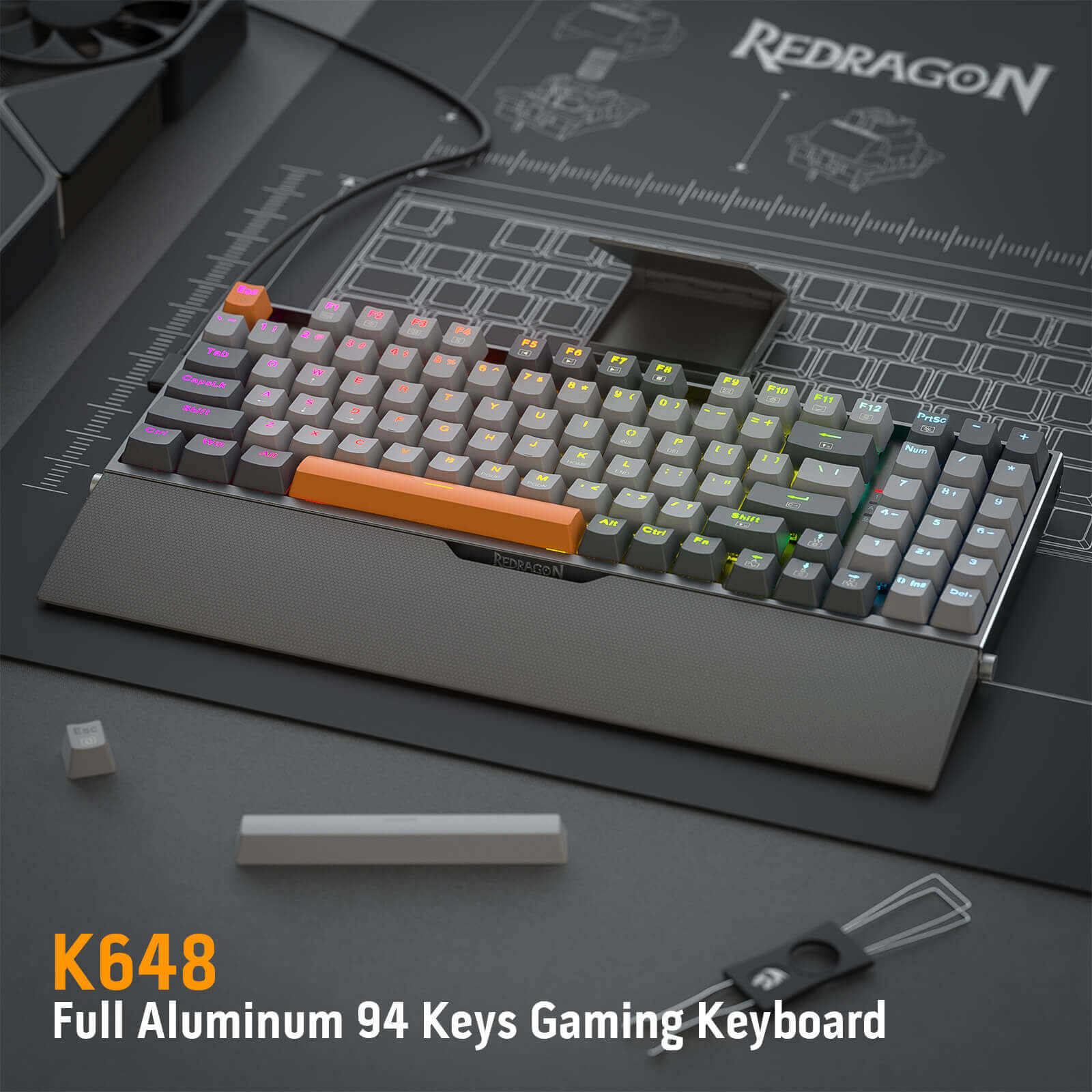 Papan Kekunci Permainan RGB Berwayar Redragon K648 90% Aluminium, Papan Kekunci Mekanikal Taktikal 94 Kekunci dengan Soket Boleh Tukar Panas, Papan Logam Teguh terbina dalam Buih Penyerap Bunyi & Sokongan Pergelangan Tangan, Suis Merah Senyap
