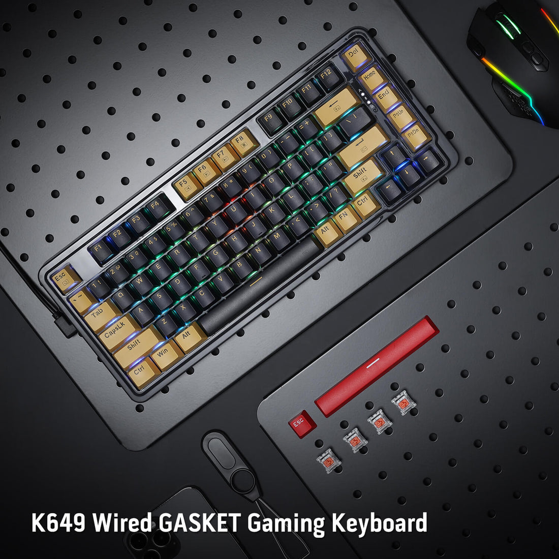 Papan Kekunci Permainan RGB Gasket Berwayar 78% Redragon K649, Reka Letak 82 Kekunci Papan Kekunci Mekanikal Padat Boleh Tukar Panas dengan Soket Boleh Tukar Panas, Buih Penyerap Bunyi, Suis Linear Kustom Senyap