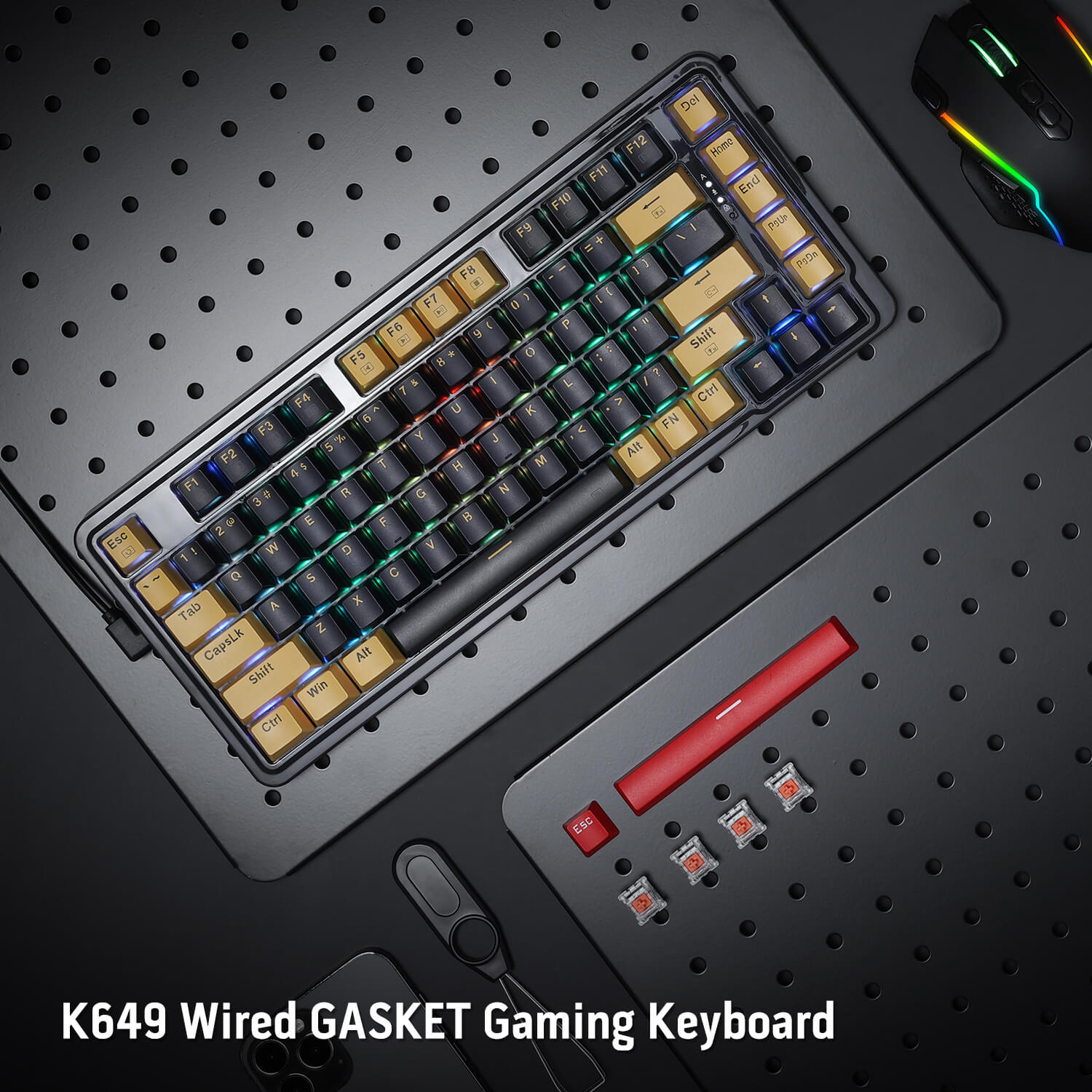 Papan Kekunci Permainan RGB Gasket Berwayar 78% Redragon K649, Reka Letak 82 Kekunci Papan Kekunci Mekanikal Padat Boleh Tukar Panas dengan Soket Boleh Tukar Panas, Buih Penyerap Bunyi, Suis Linear Kustom Senyap