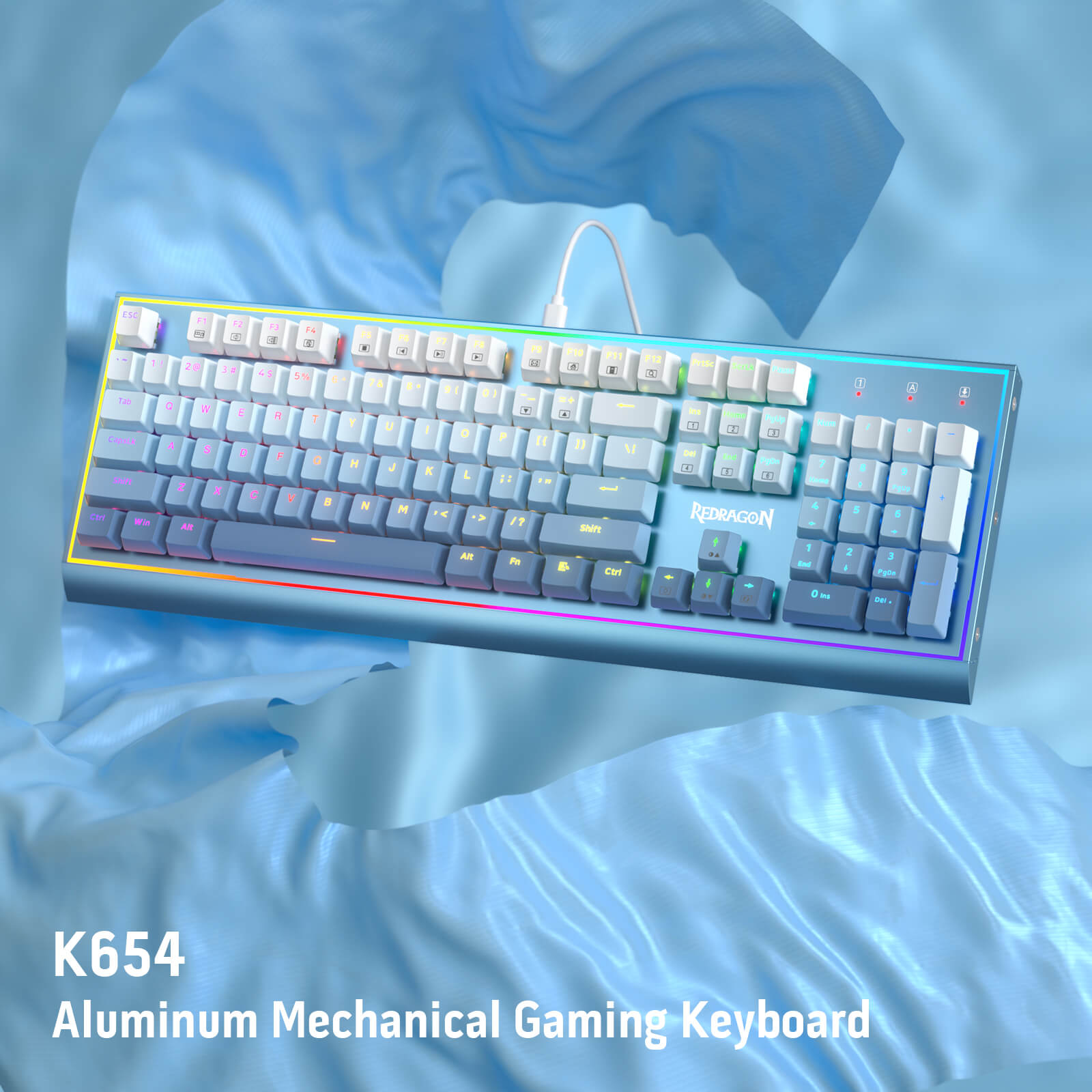 Papan Kekunci Gaming RGB Redragon K654, Papan Kekunci Mekanikal Berwayar 104 Kekunci dengan Rangka Aluminium Berpemberat, Buih Penyerap Bunyi 3.5mm, Soket Hot-swappable Dinaik Taraf, Penutup Kekunci Warna Campur, Buatan Biru