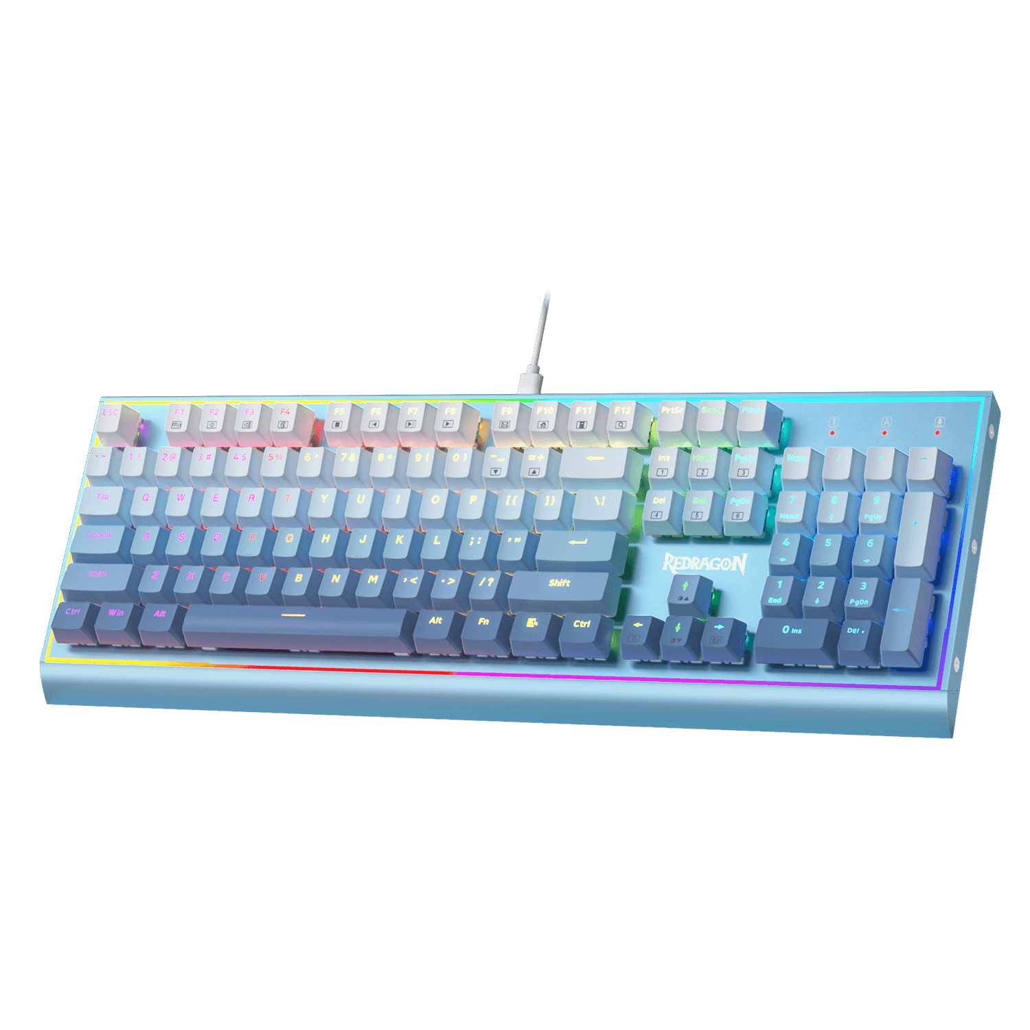 Papan Kekunci Gaming RGB Redragon K654, Papan Kekunci Mekanikal Berwayar 104 Kekunci dengan Rangka Aluminium Berpemberat, Buih Penyerap Bunyi 3.5mm, Soket Hot-swappable Dinaik Taraf, Penutup Kekunci Warna Campur, Buatan Biru