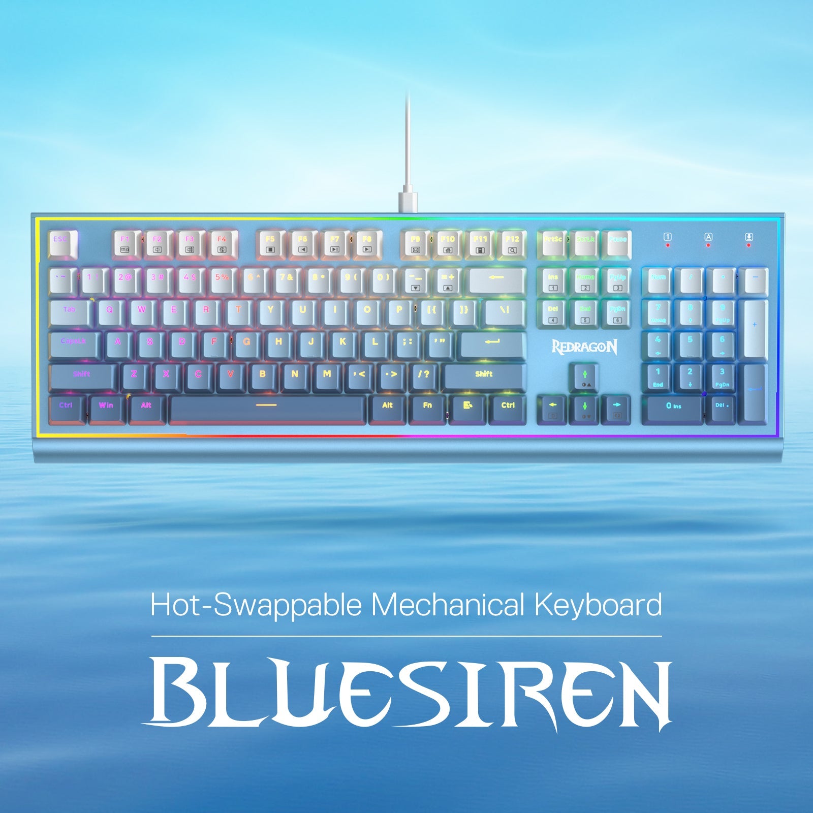 Papan Kekunci Gaming RGB Redragon K654, Papan Kekunci Mekanikal Berwayar 104 Kekunci dengan Rangka Aluminium Berpemberat, Buih Penyerap Bunyi 3.5mm, Soket Hot-swappable Dinaik Taraf, Penutup Kekunci Warna Campur, Buatan Biru