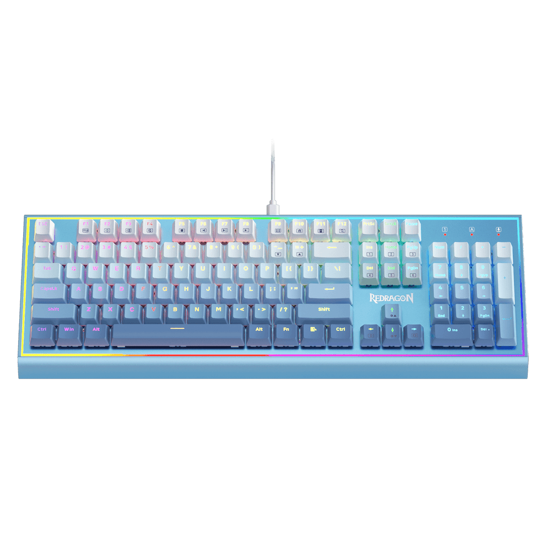 Papan Kekunci Gaming RGB Redragon K654, Papan Kekunci Mekanikal Berwayar 104 Kekunci dengan Rangka Aluminium Berpemberat, Buih Penyerap Bunyi 3.5mm, Soket Hot-swappable Dinaik Taraf, Penutup Kekunci Warna Campur, Buatan Biru