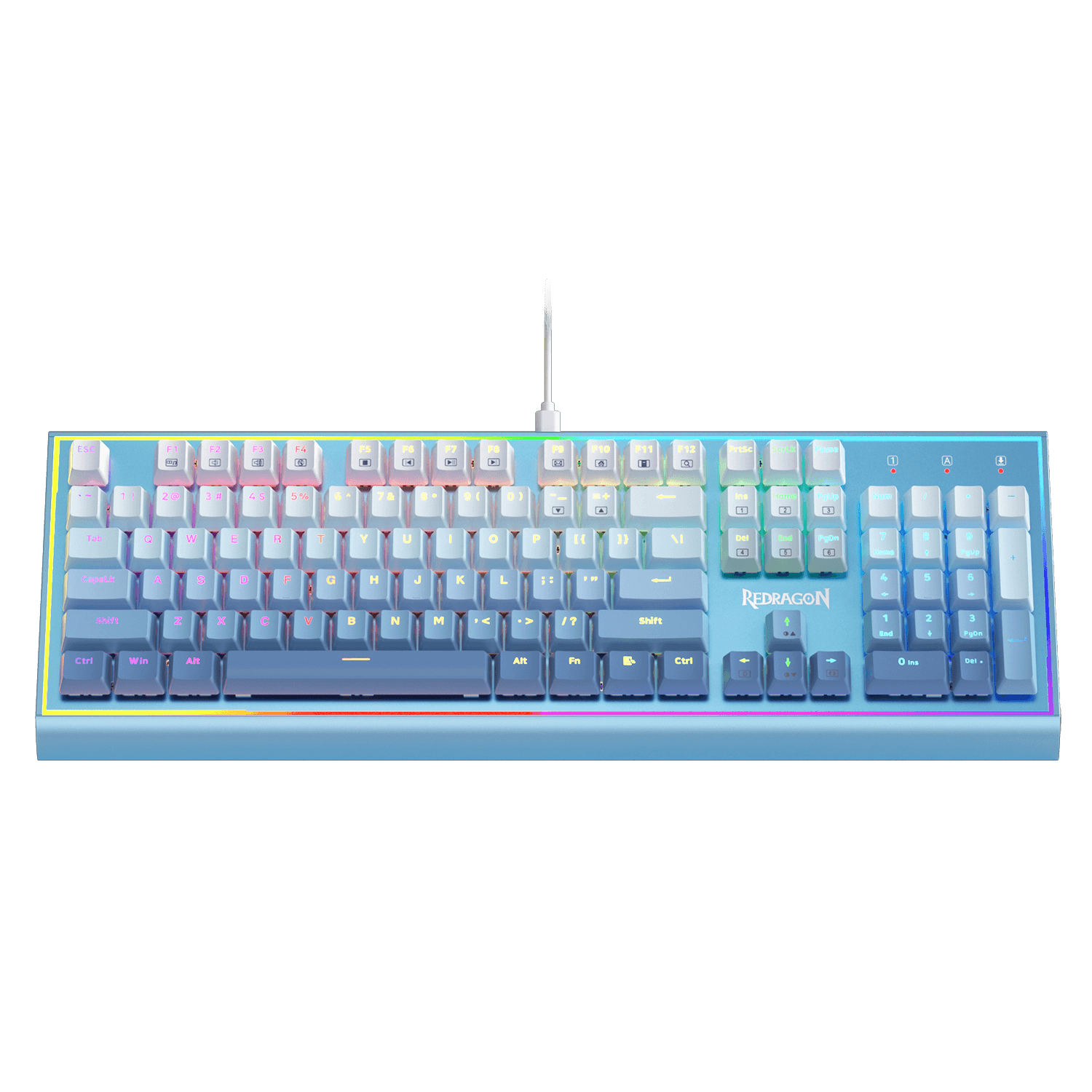 Papan Kekunci Gaming RGB Redragon K654, Papan Kekunci Mekanikal Berwayar 104 Kekunci dengan Rangka Aluminium Berpemberat, Buih Penyerap Bunyi 3.5mm, Soket Hot-swappable Dinaik Taraf, Penutup Kekunci Warna Campur, Buatan Biru