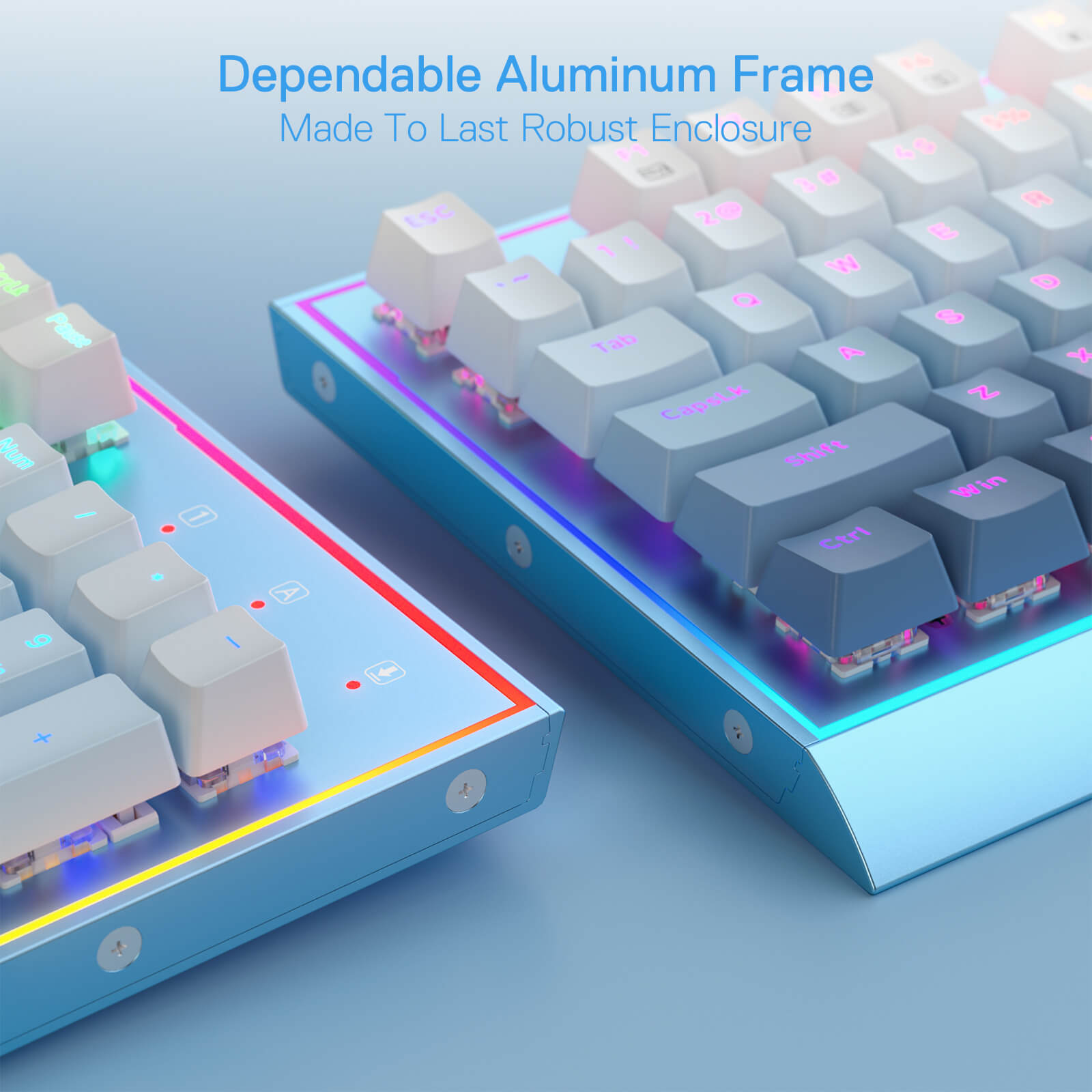 Papan Kekunci Gaming RGB Redragon K654, Papan Kekunci Mekanikal Berwayar 104 Kekunci dengan Rangka Aluminium Berpemberat, Buih Penyerap Bunyi 3.5mm, Soket Hot-swappable Dinaik Taraf, Penutup Kekunci Warna Campur, Buatan Biru