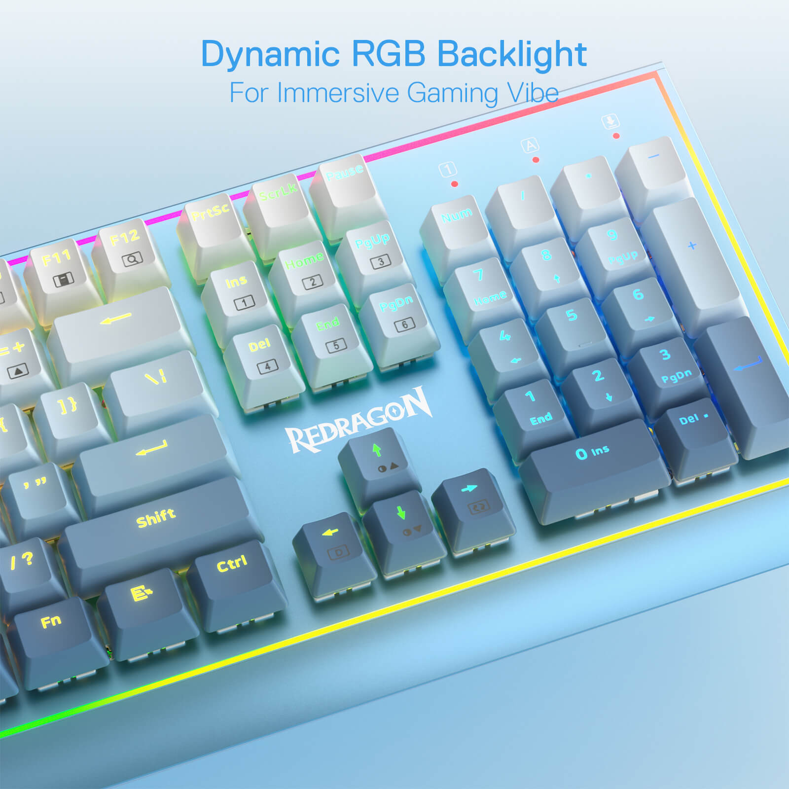 Papan Kekunci Gaming RGB Redragon K654, Papan Kekunci Mekanikal Berwayar 104 Kekunci dengan Rangka Aluminium Berpemberat, Buih Penyerap Bunyi 3.5mm, Soket Hot-swappable Dinaik Taraf, Penutup Kekunci Warna Campur, Buatan Biru
