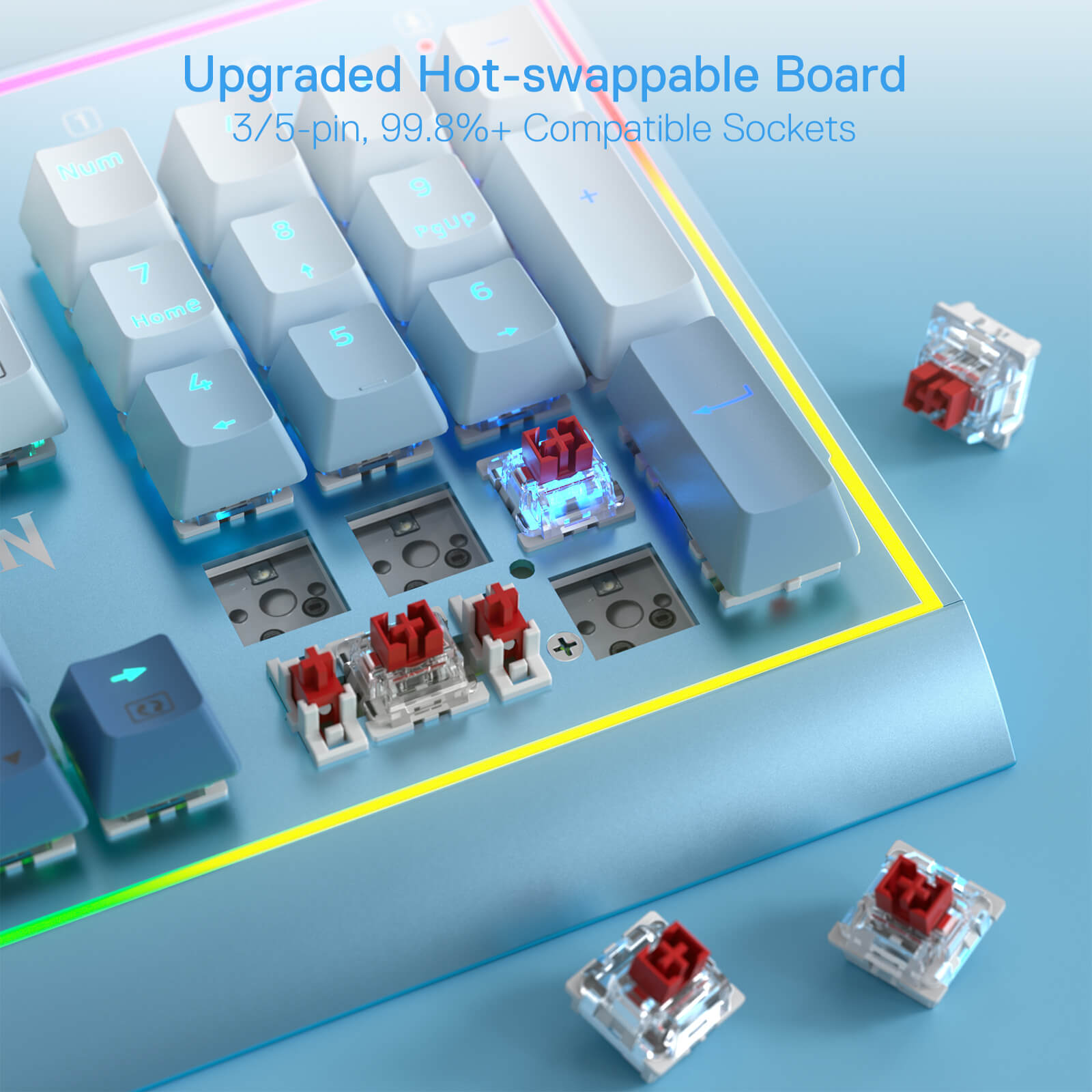 Papan Kekunci Gaming RGB Redragon K654, Papan Kekunci Mekanikal Berwayar 104 Kekunci dengan Rangka Aluminium Berpemberat, Buih Penyerap Bunyi 3.5mm, Soket Hot-swappable Dinaik Taraf, Penutup Kekunci Warna Campur, Buatan Biru
