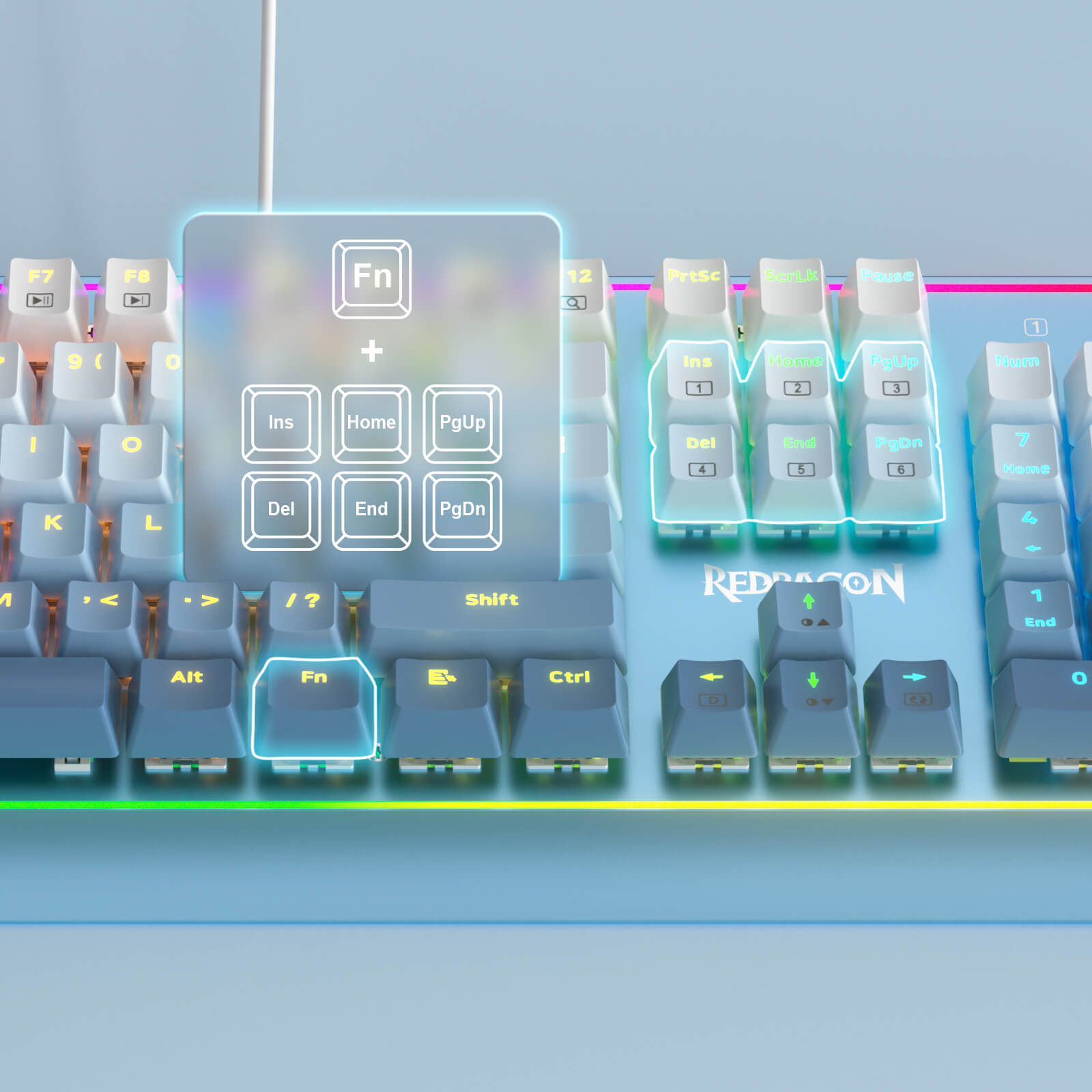 Papan Kekunci Gaming RGB Redragon K654, Papan Kekunci Mekanikal Berwayar 104 Kekunci dengan Rangka Aluminium Berpemberat, Buih Penyerap Bunyi 3.5mm, Soket Hot-swappable Dinaik Taraf, Penutup Kekunci Warna Campur, Buatan Biru