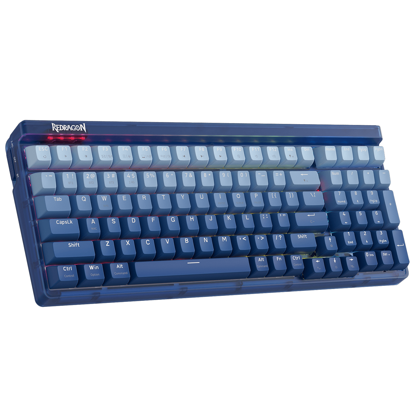 Papan Kekunci Permainan RGB Wayarles 3 Mod Redragon K656 PRO, Papan Kekunci Mekanikal 100 Kekunci dengan Papan Lutsinar, Soket Hot-Swappable, Buih Menyerap Bunyi & Suis Sentuhan Tersuai, Buatan Biru Gradien