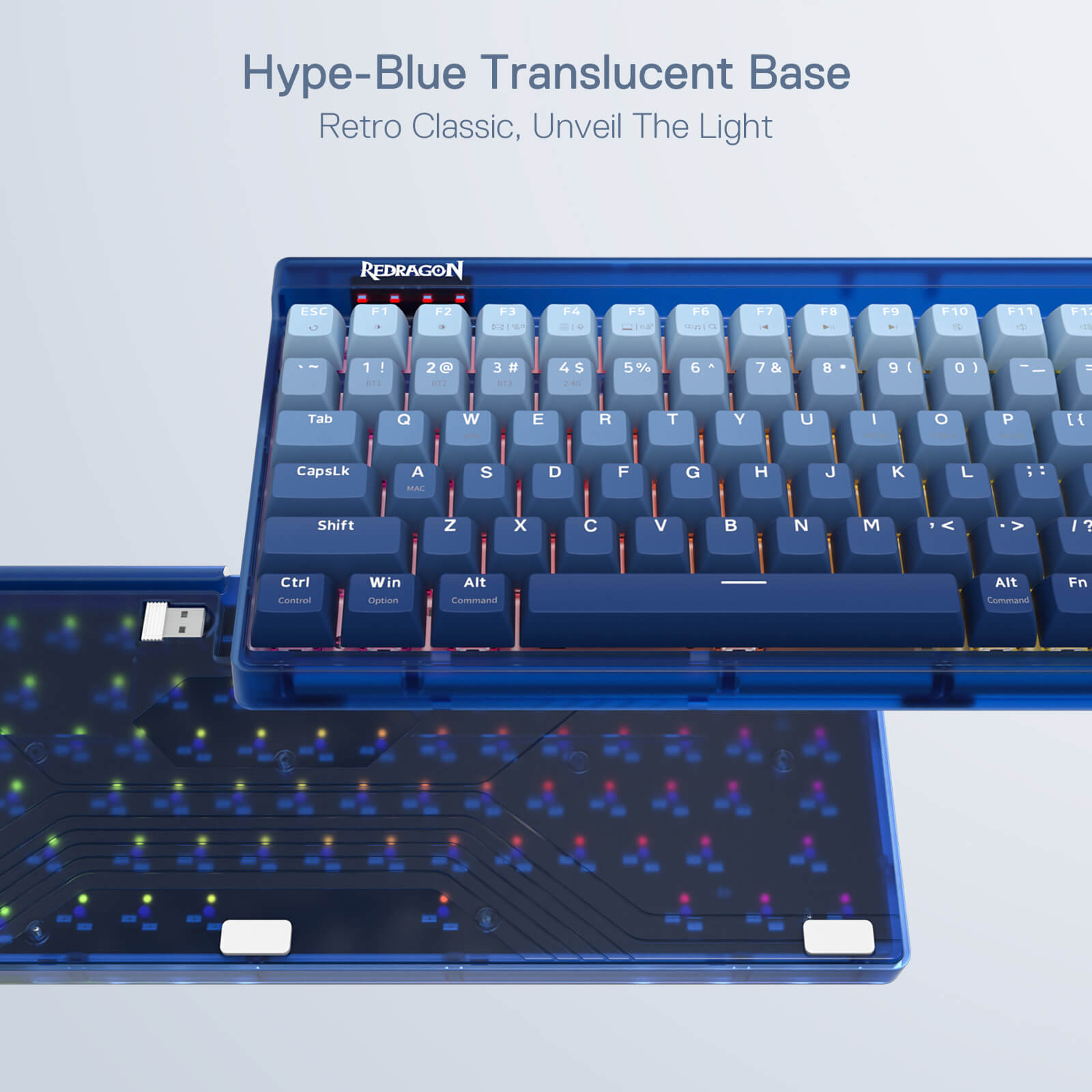 Papan Kekunci Permainan RGB Wayarles 3 Mod Redragon K656 PRO, Papan Kekunci Mekanikal 100 Kekunci dengan Papan Lutsinar, Soket Hot-Swappable, Buih Menyerap Bunyi & Suis Sentuhan Tersuai, Buatan Biru Gradien