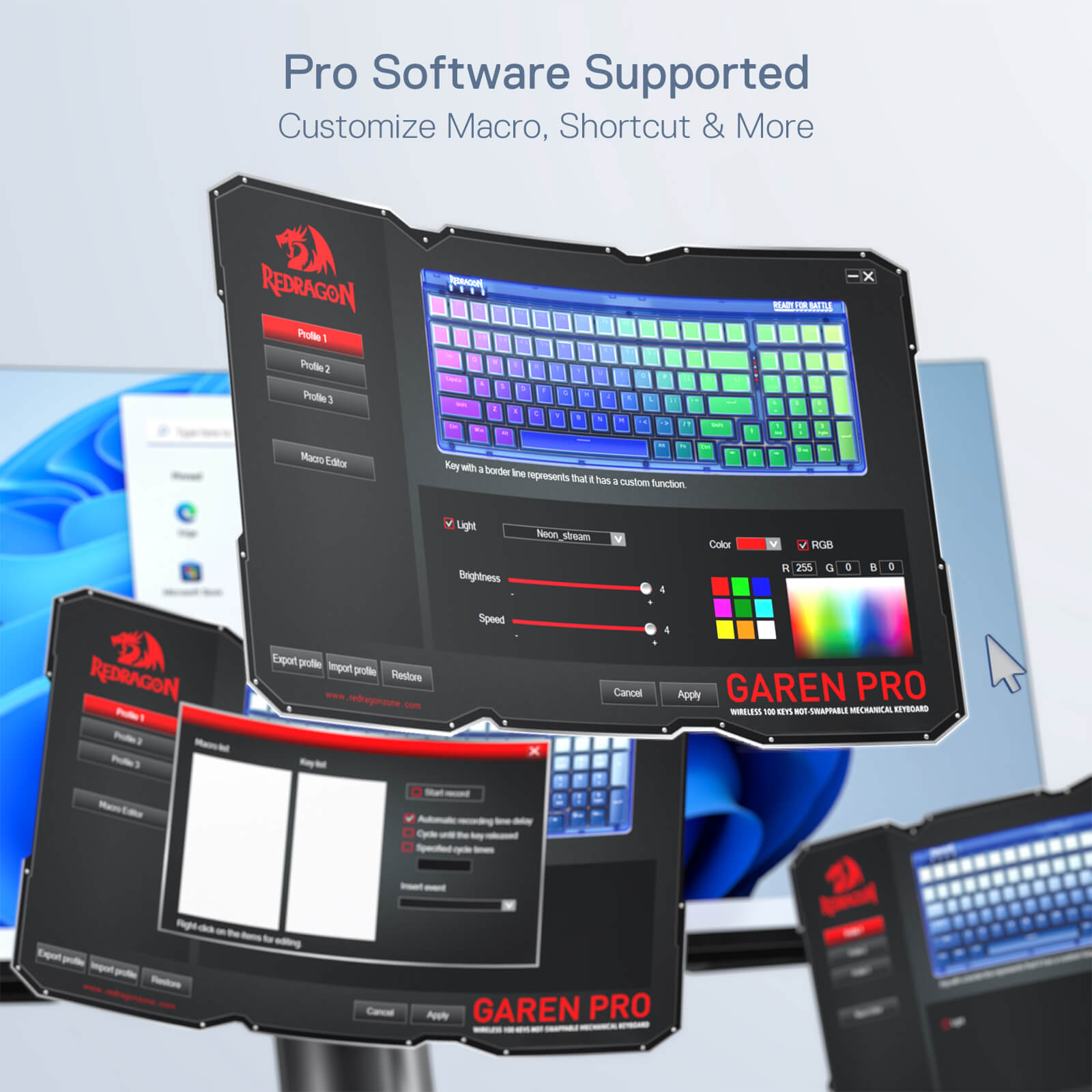 Papan Kekunci Permainan RGB Wayarles 3 Mod Redragon K656 PRO, Papan Kekunci Mekanikal 100 Kekunci dengan Papan Lutsinar, Soket Hot-Swappable, Buih Menyerap Bunyi & Suis Sentuhan Tersuai, Buatan Biru Gradien