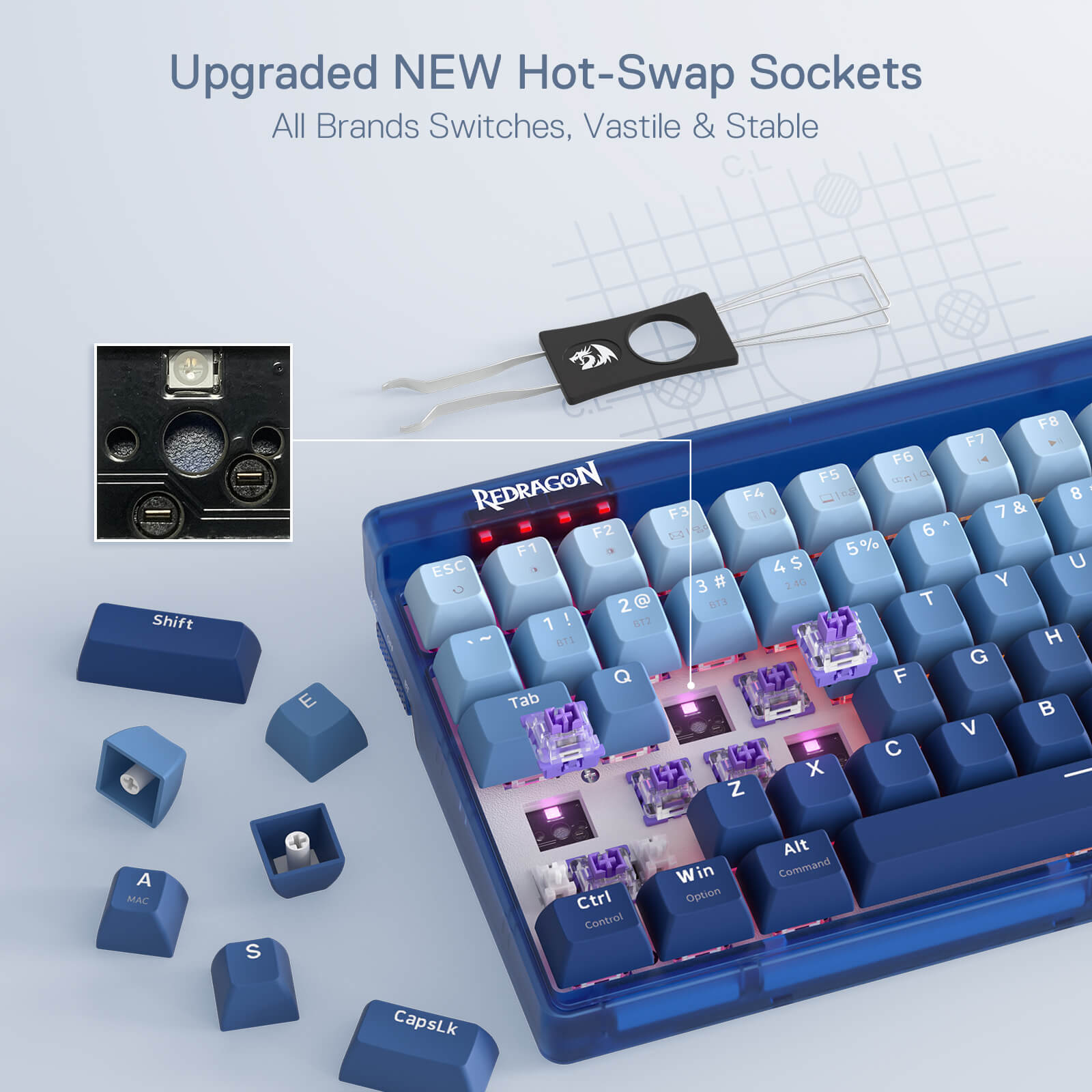 Papan Kekunci Permainan RGB Wayarles 3 Mod Redragon K656 PRO, Papan Kekunci Mekanikal 100 Kekunci dengan Papan Lutsinar, Soket Hot-Swappable, Buih Menyerap Bunyi & Suis Sentuhan Tersuai, Buatan Biru Gradien