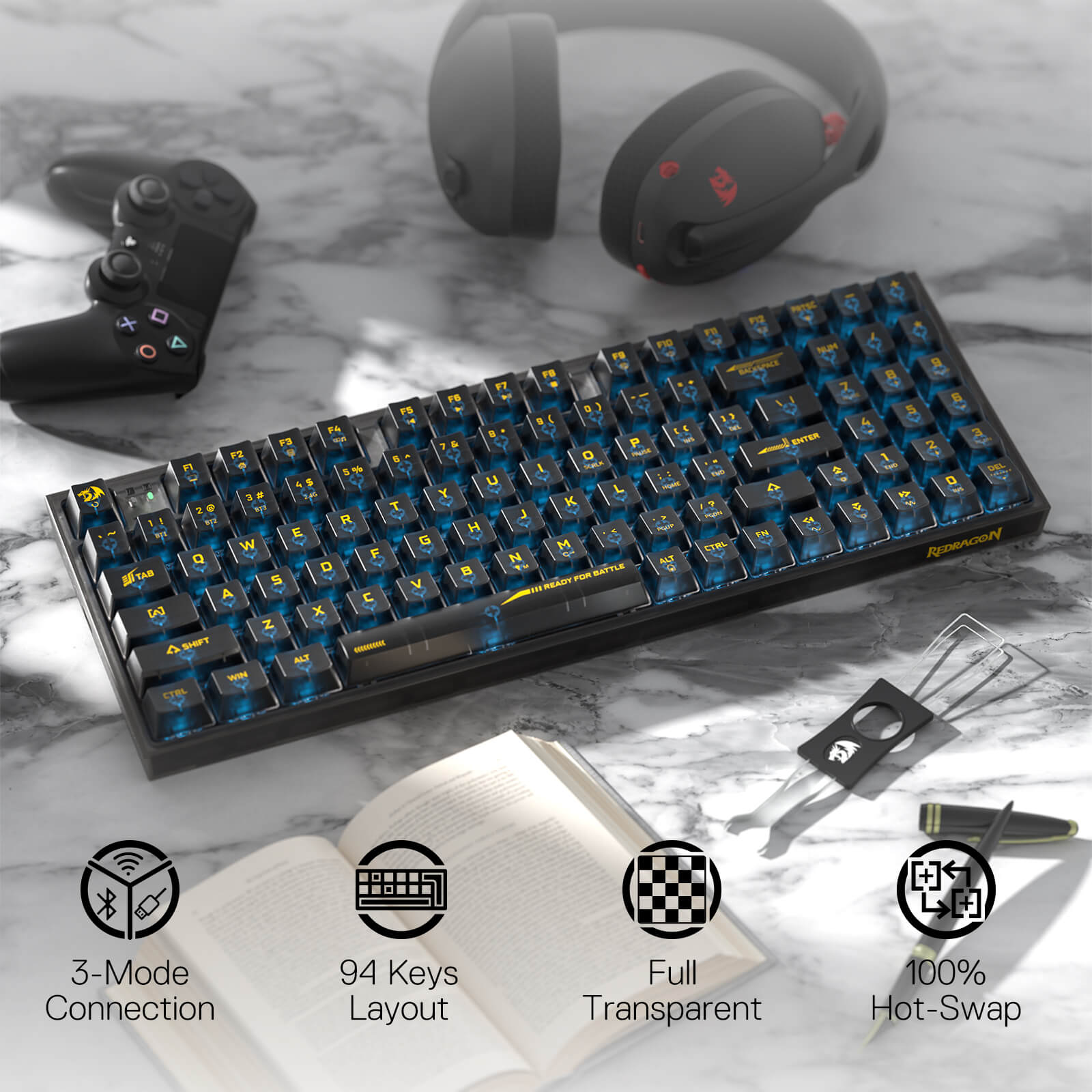 Papan Kekunci Permainan RGB Wayarles 3-Mod 90% Redragon K658 PRO SE, Papan Kekunci Mekanikal Tukar Pantas Sepenuhnya Lutsinar 94 Kekunci dengan Soket Dinaik Taraf, Buih Penyerap Bunyi, Numpad Penuh, Suis Kustom Lutsinar