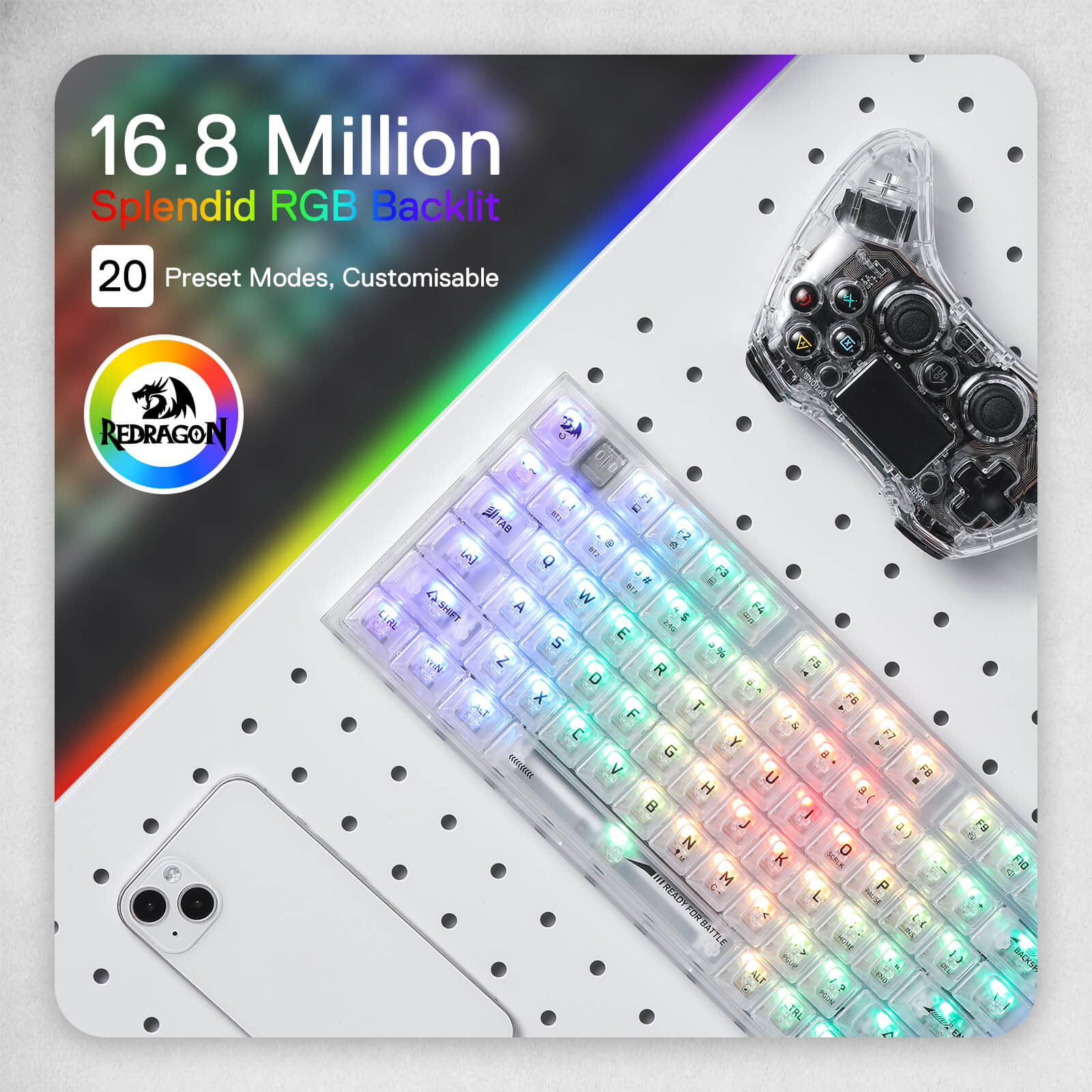 Papan Kekunci Permainan RGB Wayarles 3-Mod 90% Redragon K658 PRO SE, Papan Kekunci Mekanikal Tukar Pantas Sepenuhnya Lutsinar 94 Kekunci dengan Soket Dinaik Taraf, Buih Penyerap Bunyi, Numpad Penuh, Suis Kustom Lutsinar