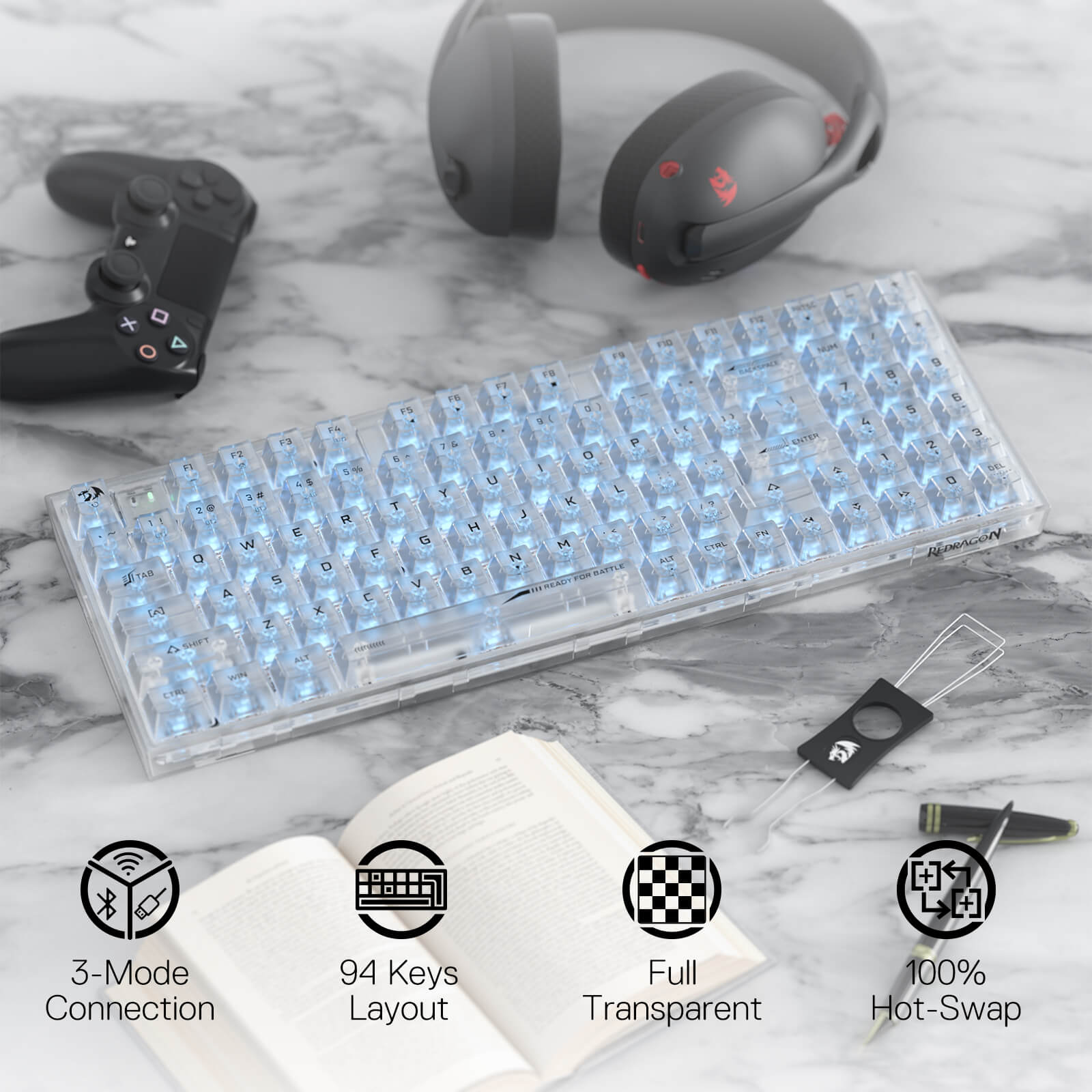 Papan Kekunci Permainan RGB Wayarles 3-Mod 90% Redragon K658 PRO SE, Papan Kekunci Mekanikal Tukar Pantas Sepenuhnya Lutsinar 94 Kekunci dengan Soket Dinaik Taraf, Buih Penyerap Bunyi, Numpad Penuh, Suis Kustom Lutsinar