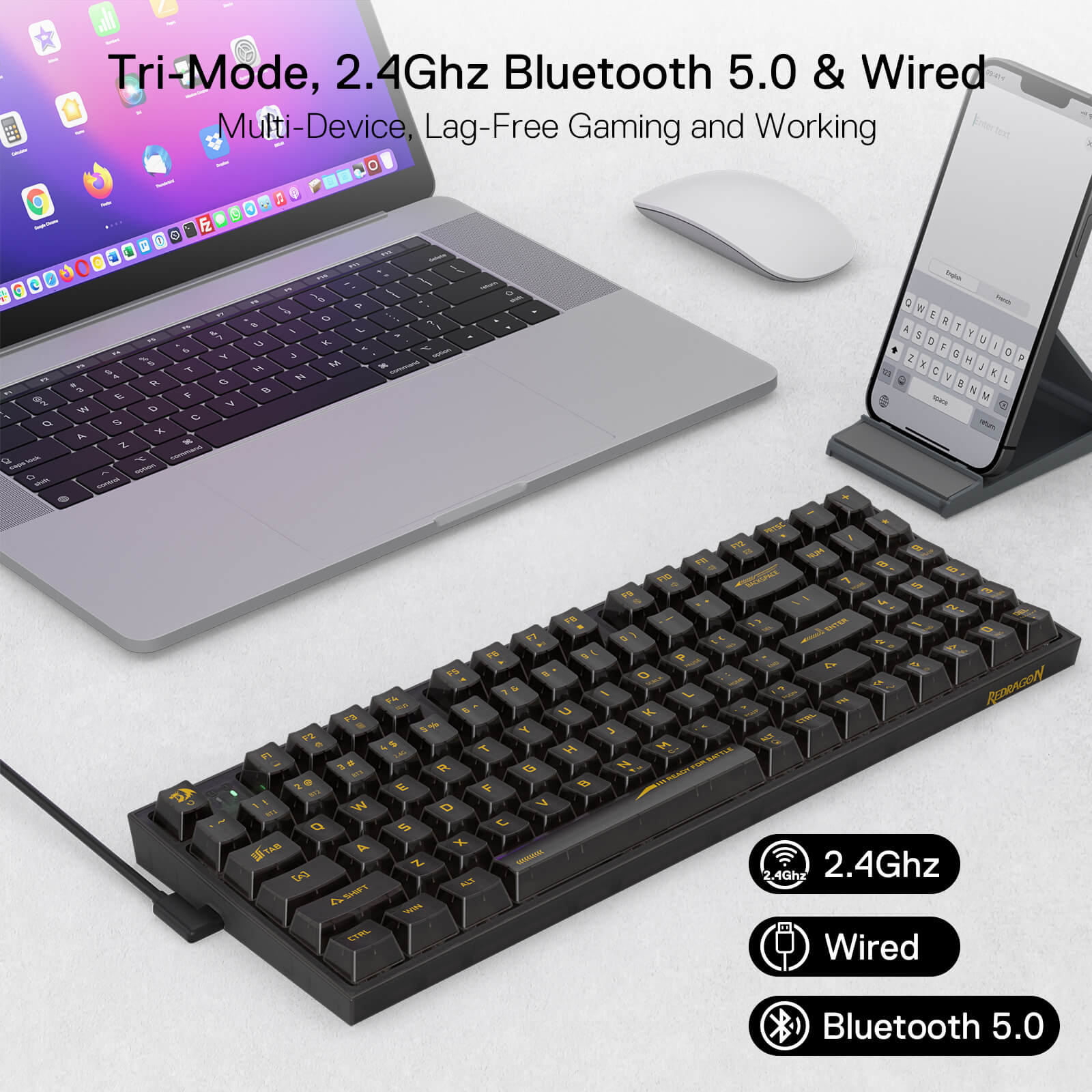 Papan Kekunci Permainan RGB Wayarles 3-Mod 90% Redragon K658 PRO SE, Papan Kekunci Mekanikal Tukar Pantas Sepenuhnya Lutsinar 94 Kekunci dengan Soket Dinaik Taraf, Buih Penyerap Bunyi, Numpad Penuh, Suis Kustom Lutsinar