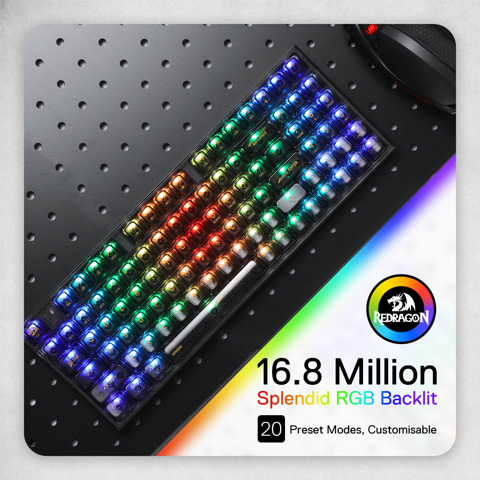 Papan Kekunci Permainan RGB Wayarles 3-Mod 90% Redragon K658 PRO SE, Papan Kekunci Mekanikal Tukar Pantas Sepenuhnya Lutsinar 94 Kekunci dengan Soket Dinaik Taraf, Buih Penyerap Bunyi, Numpad Penuh, Suis Kustom Lutsinar