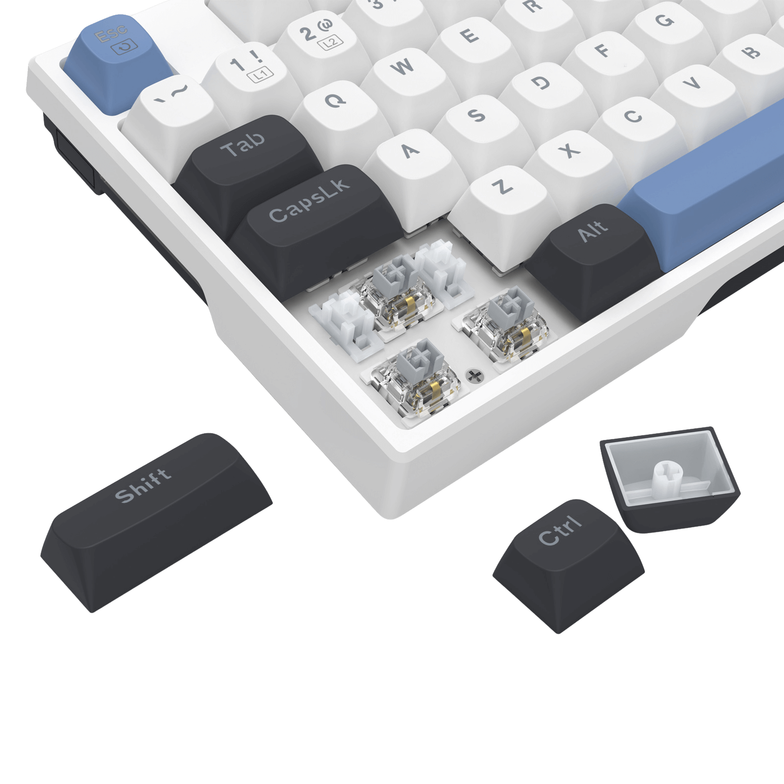 Close-up of a mechanical keyboard with keycaps removed, revealing the internal components.