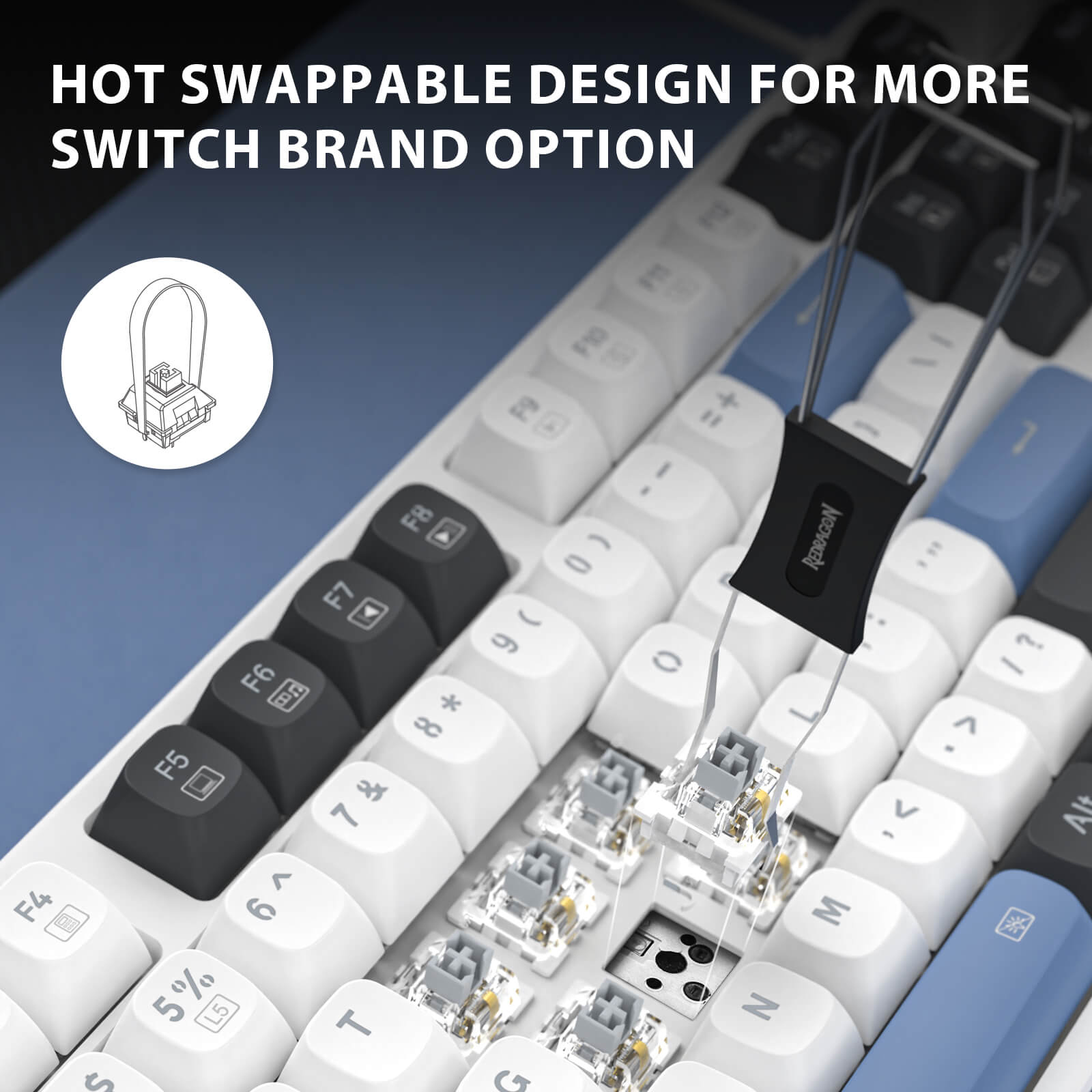 Keyboard with hot swappable switches and text highlighting customizable switch options.