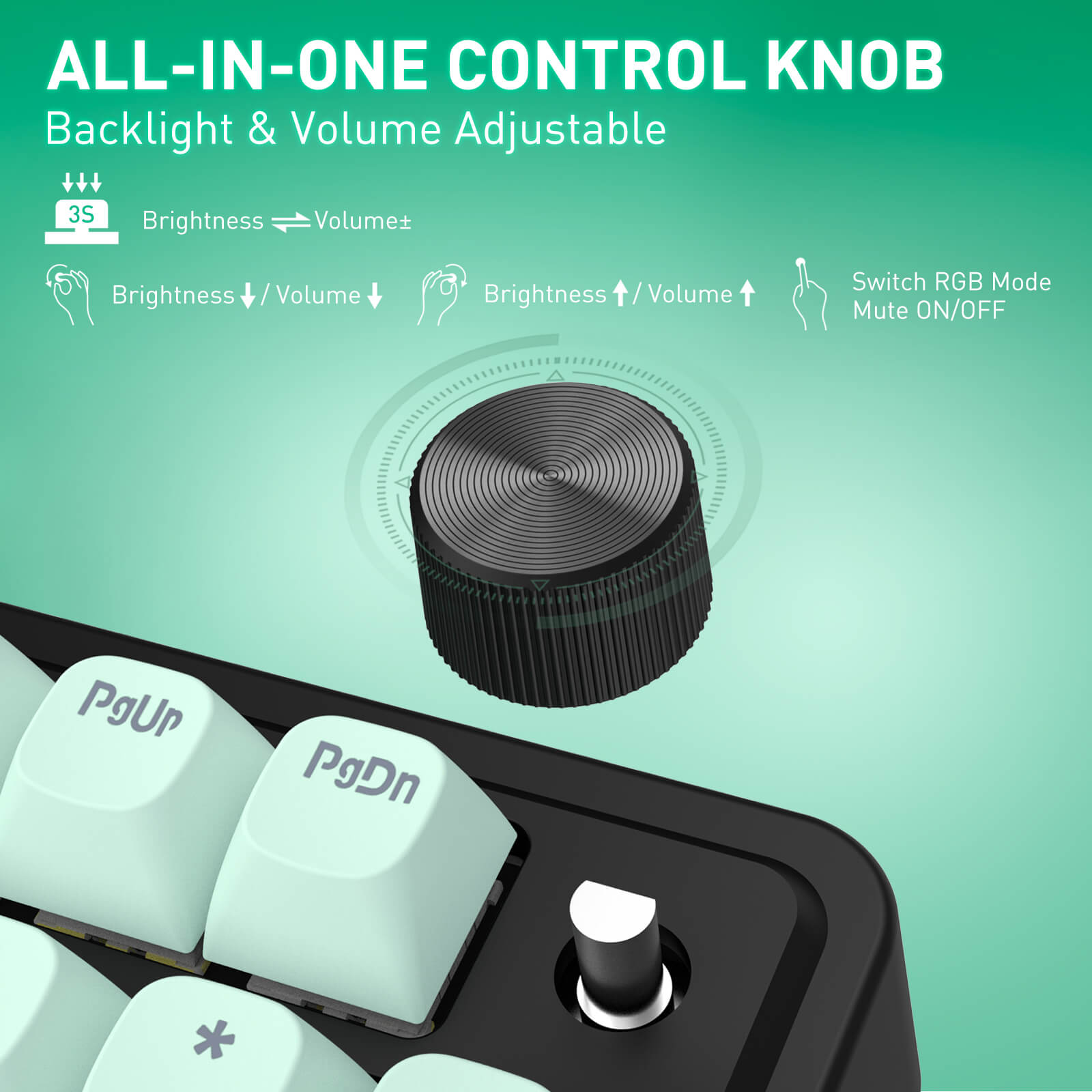 All-in-one control knob with backlight and volume adjustment on a keyboard, featuring text and icons.