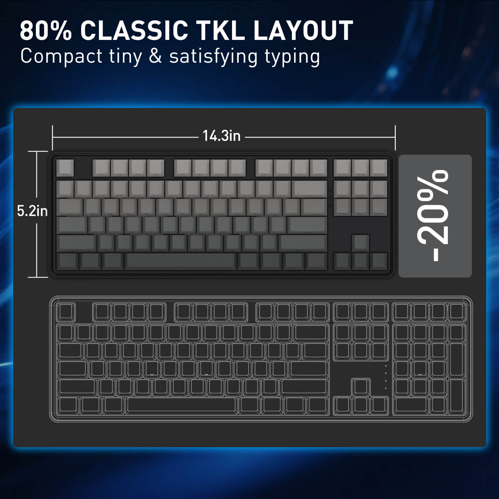 Keyboard layout diagram with dimensions on a dark background