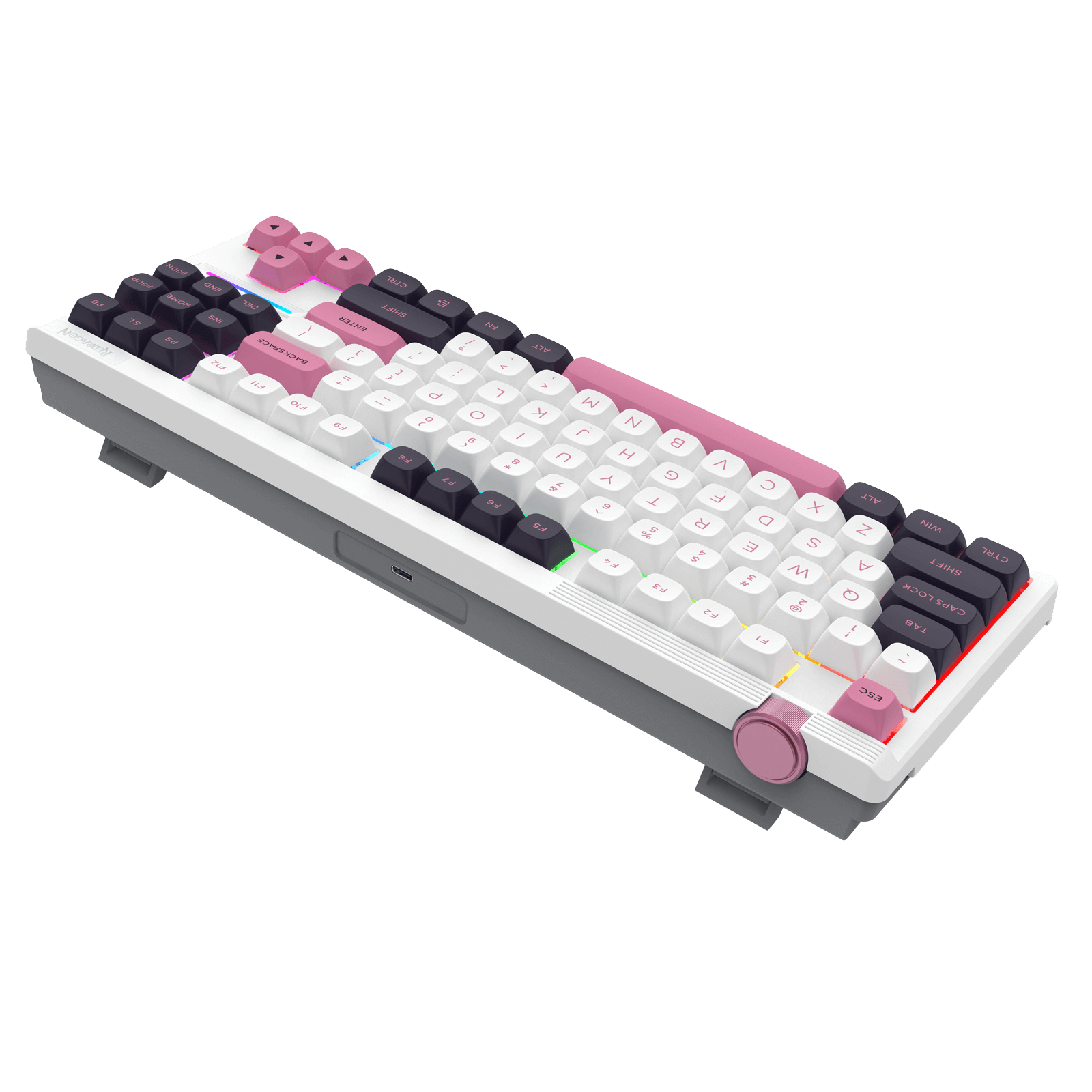Mechanical keyboard with white frame and colorful keycaps on a black background
