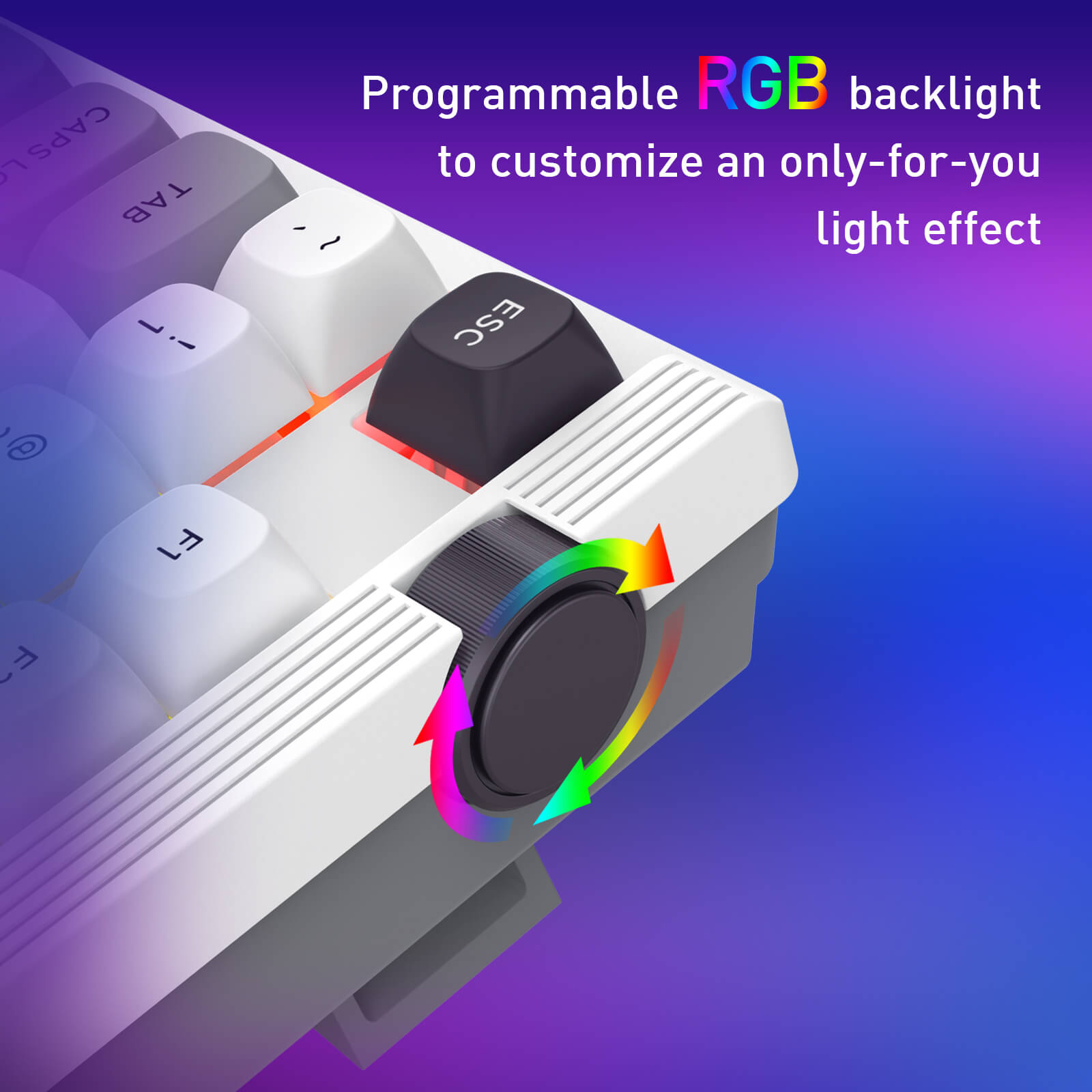 Keyboard with RGB backlight customization feature on a gradient background