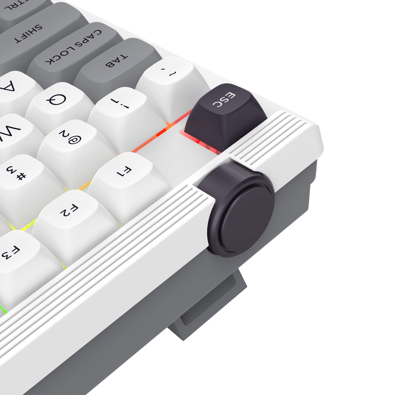 Close-up of a mechanical keyboard with white keys and black keycaps on a transparent background