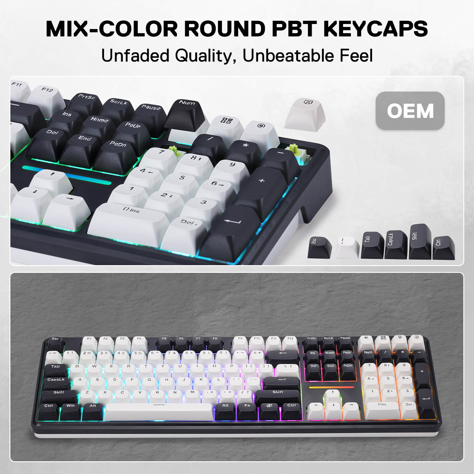 Redragon K745 PRO Mechanical keyboard with mix-color round PBT keycaps on a gray background
