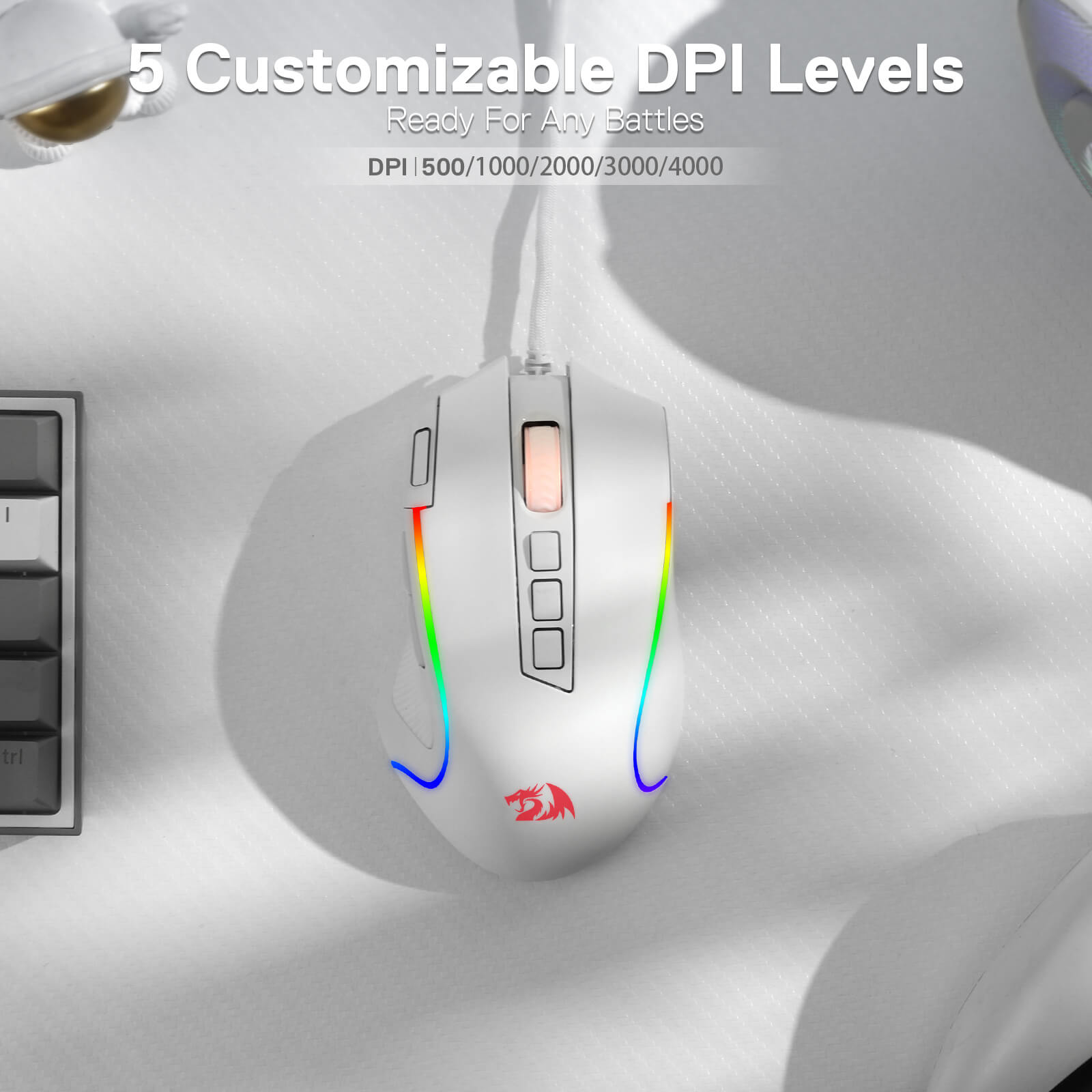 Tetikus Permainan RGB Predator Redragon M612, Tetikus Optik Berkabel 8000 DPI dengan 11 Butang Boleh Atur Cara & 5 Mod Berlampu Latar, Perisian Menyokong Butang Tembakan Pantas DIY