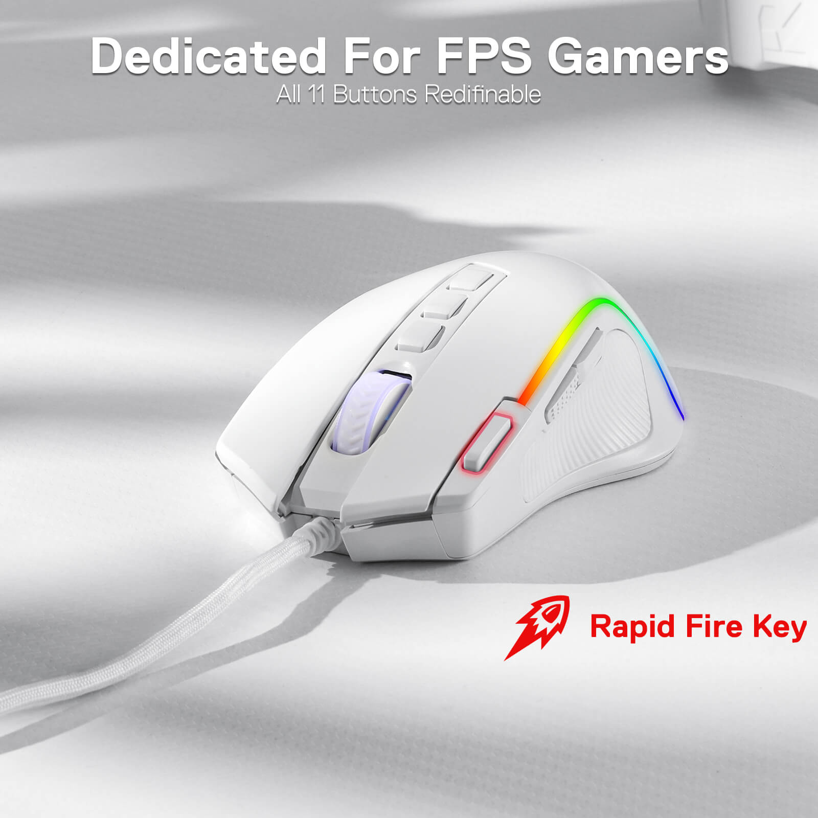 Tetikus Permainan RGB Predator Redragon M612, Tetikus Optik Berkabel 8000 DPI dengan 11 Butang Boleh Atur Cara & 5 Mod Berlampu Latar, Perisian Menyokong Butang Tembakan Pantas DIY